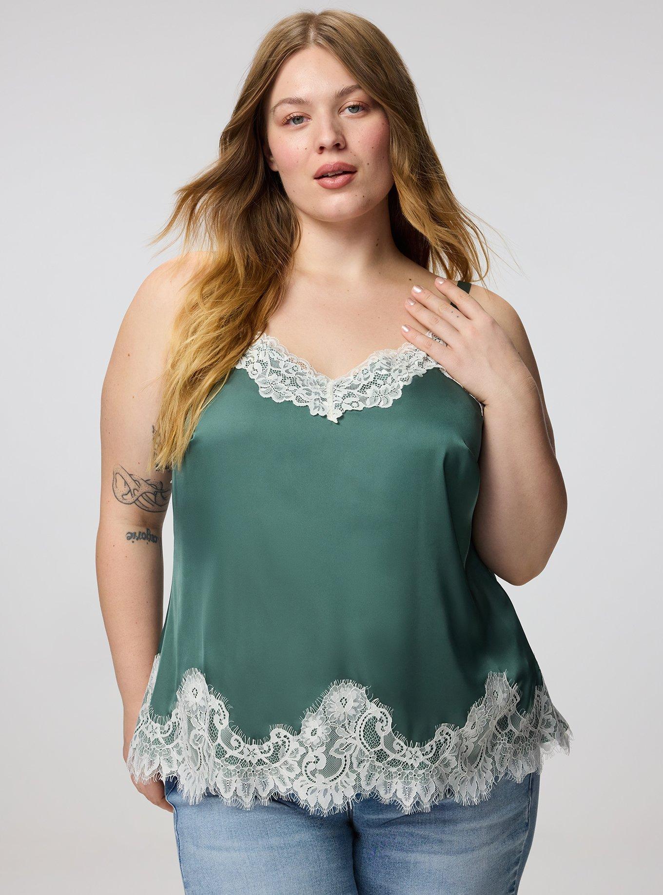 Plus Size Satin Lace Trim Cami, DARK FOREST, alternate