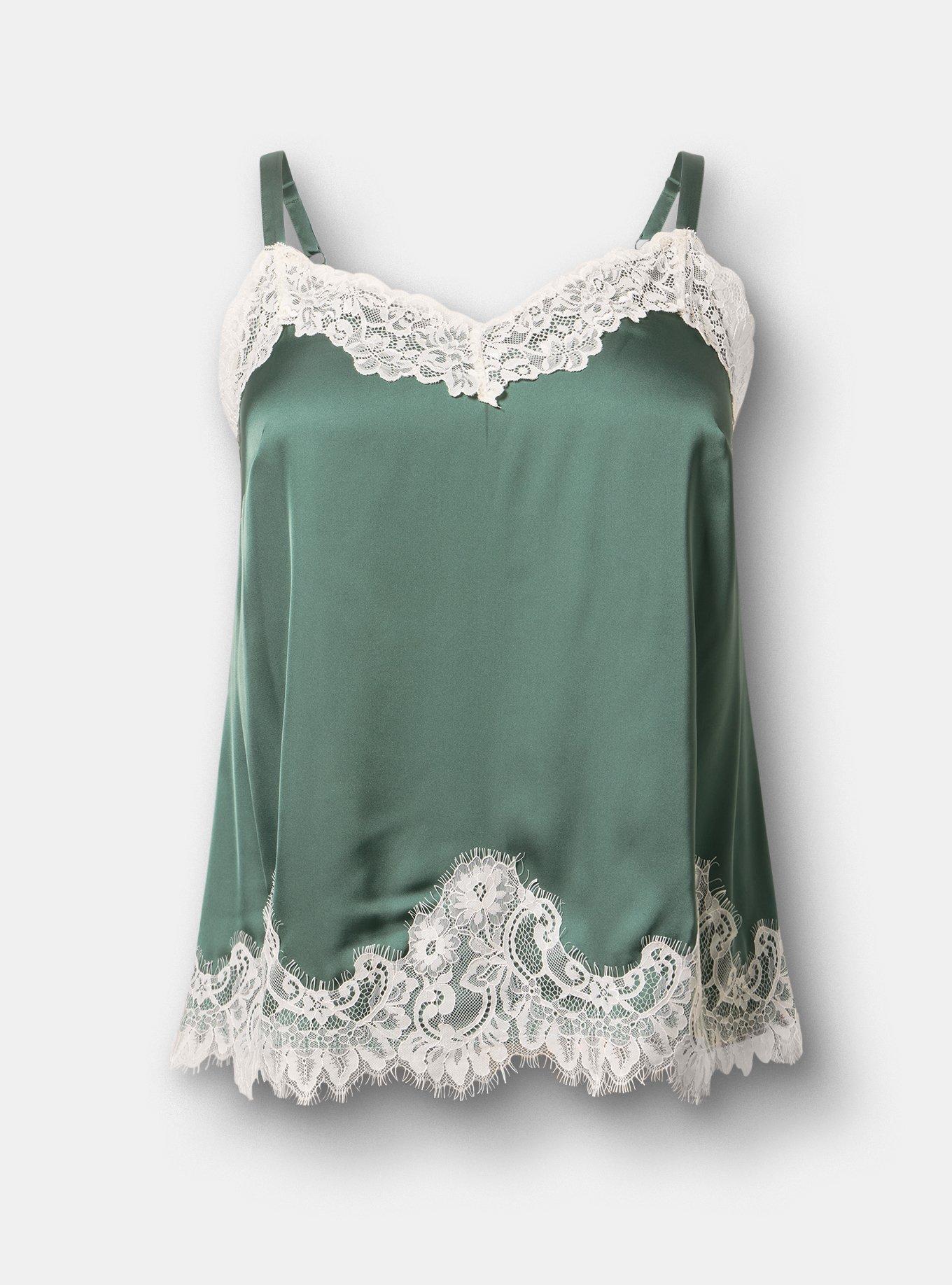 Plus Size Satin Lace Trim Cami, DARK FOREST, flat