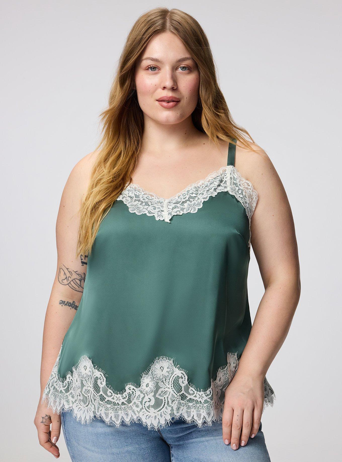 Plus Size Satin Lace Trim Cami, DARK FOREST, hi-res