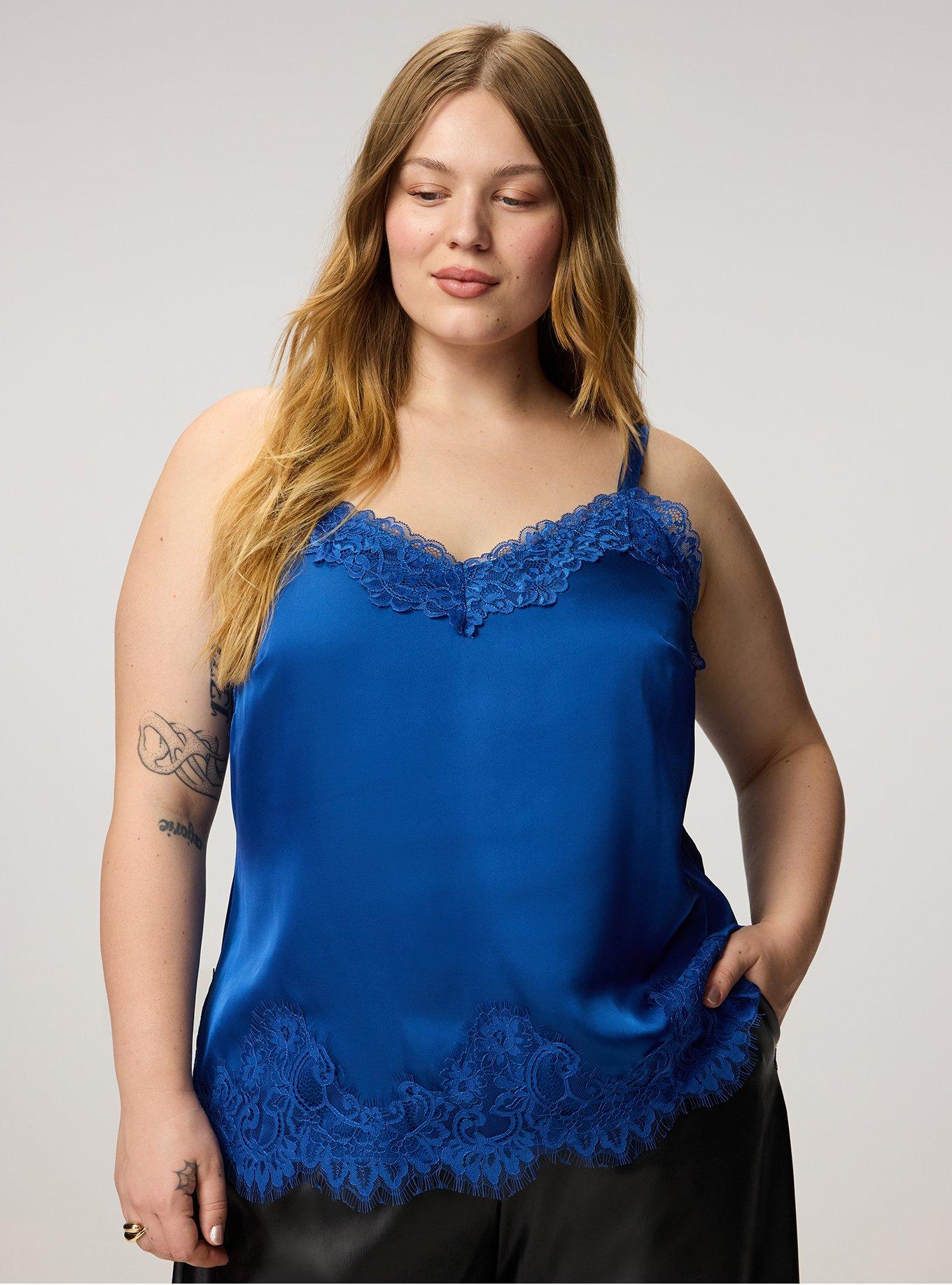 Satin Lace Trim Cami, BLUE QUARTZ, hi-res