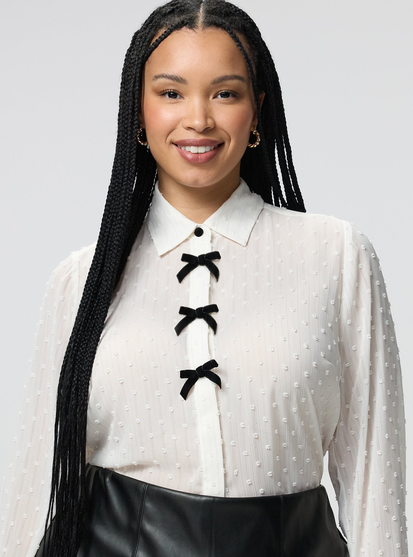 Chiffon Button-Down Shirt with Bows, WHISPER WHITE, alternate