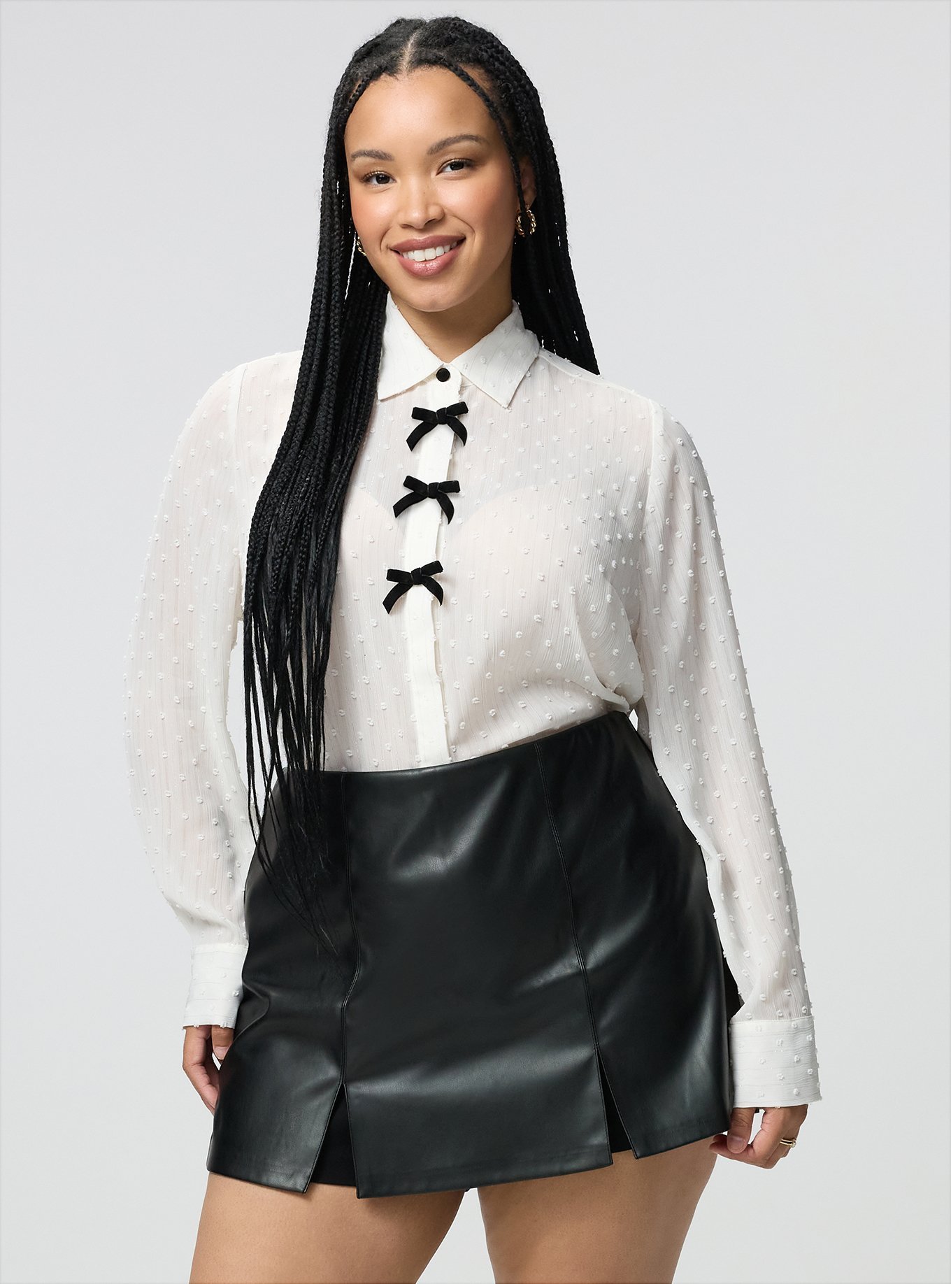 Chiffon Button-Down Shirt with Bows, WHISPER WHITE, alternate