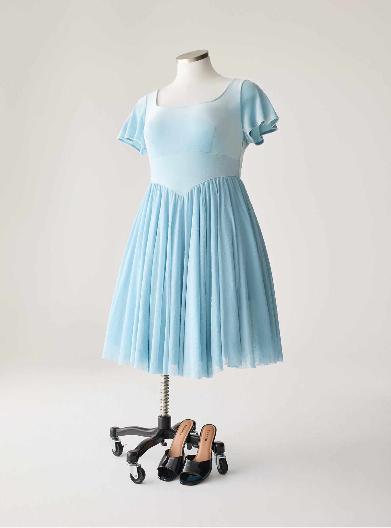 Retro Chic Flocked Mesh & Velour Dress, FORGET ME NOT, flat
