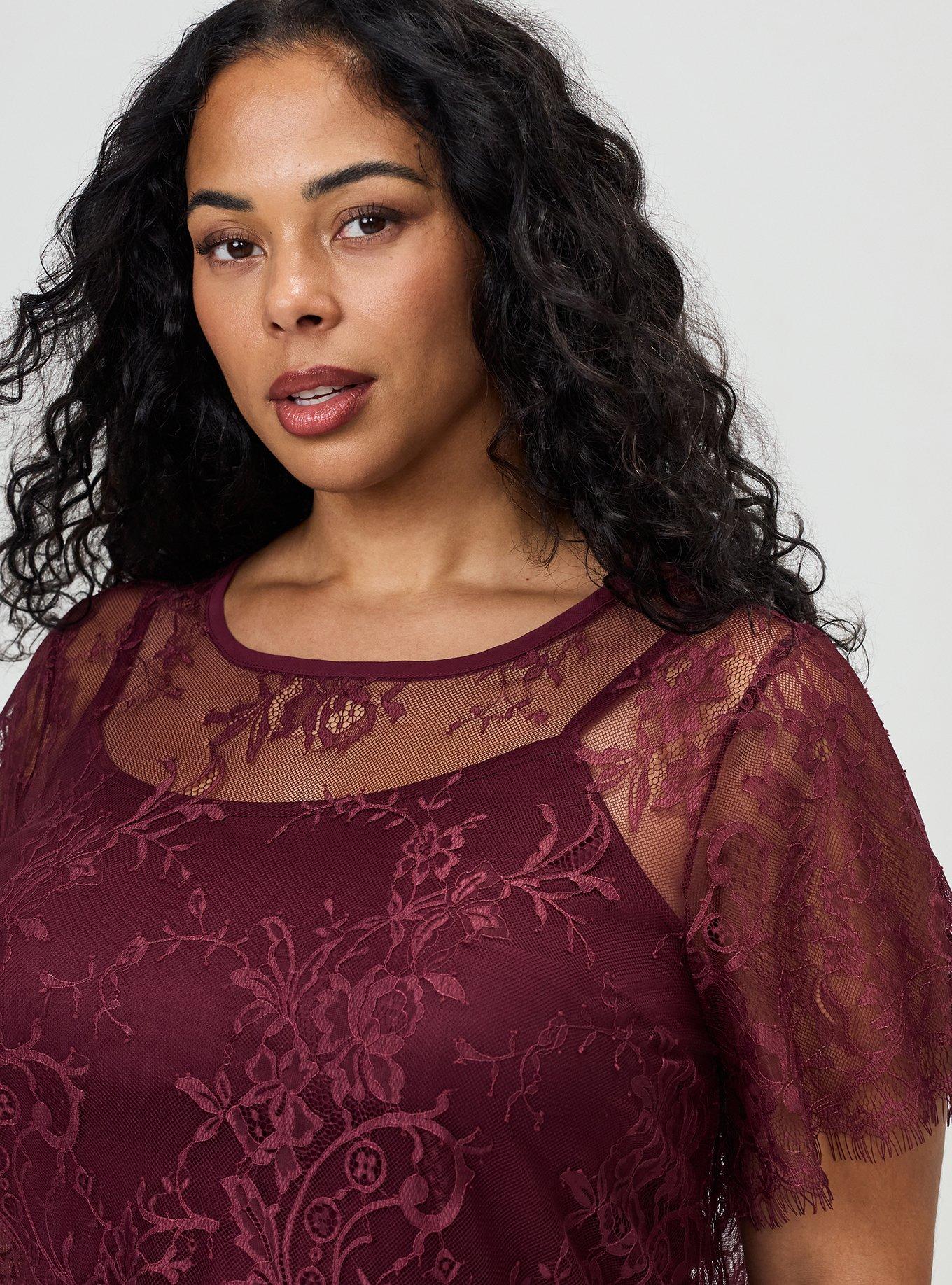 Plus Size Abbey Lace Top, MAROON BANNER, alternate