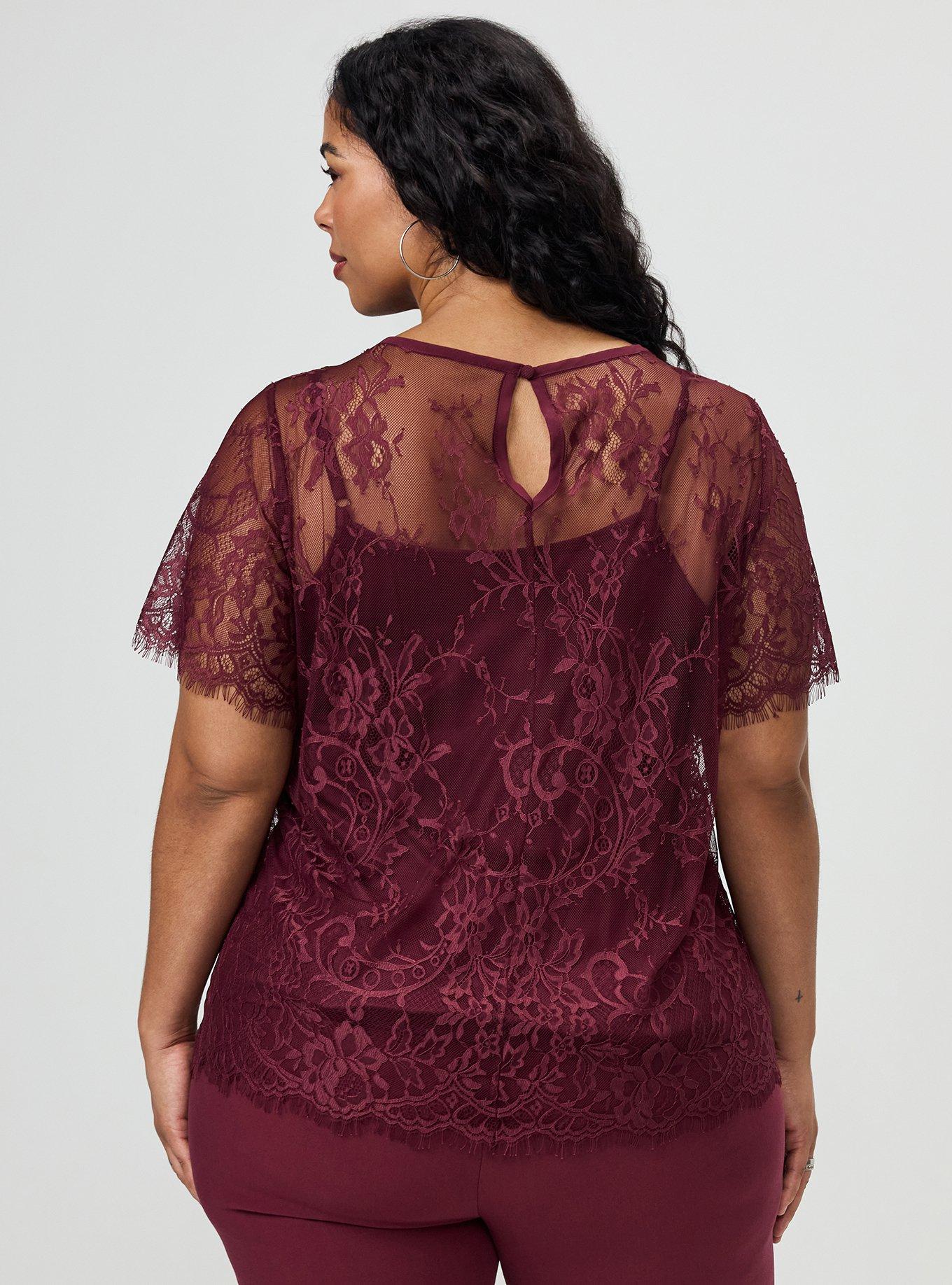 Plus Size Abbey Lace Top, MAROON BANNER, alternate