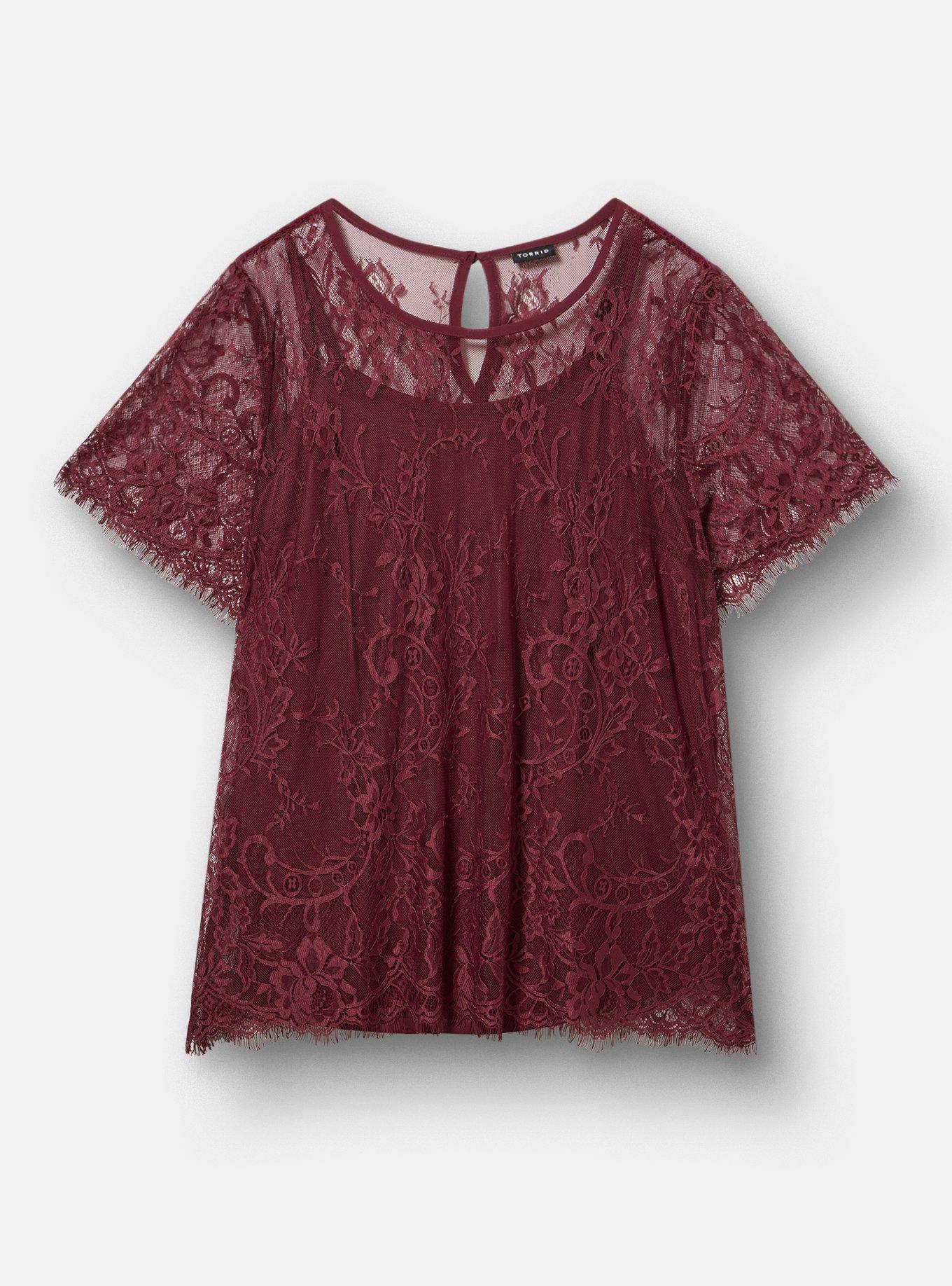 Plus Size Abbey Lace Top, MAROON BANNER, flat