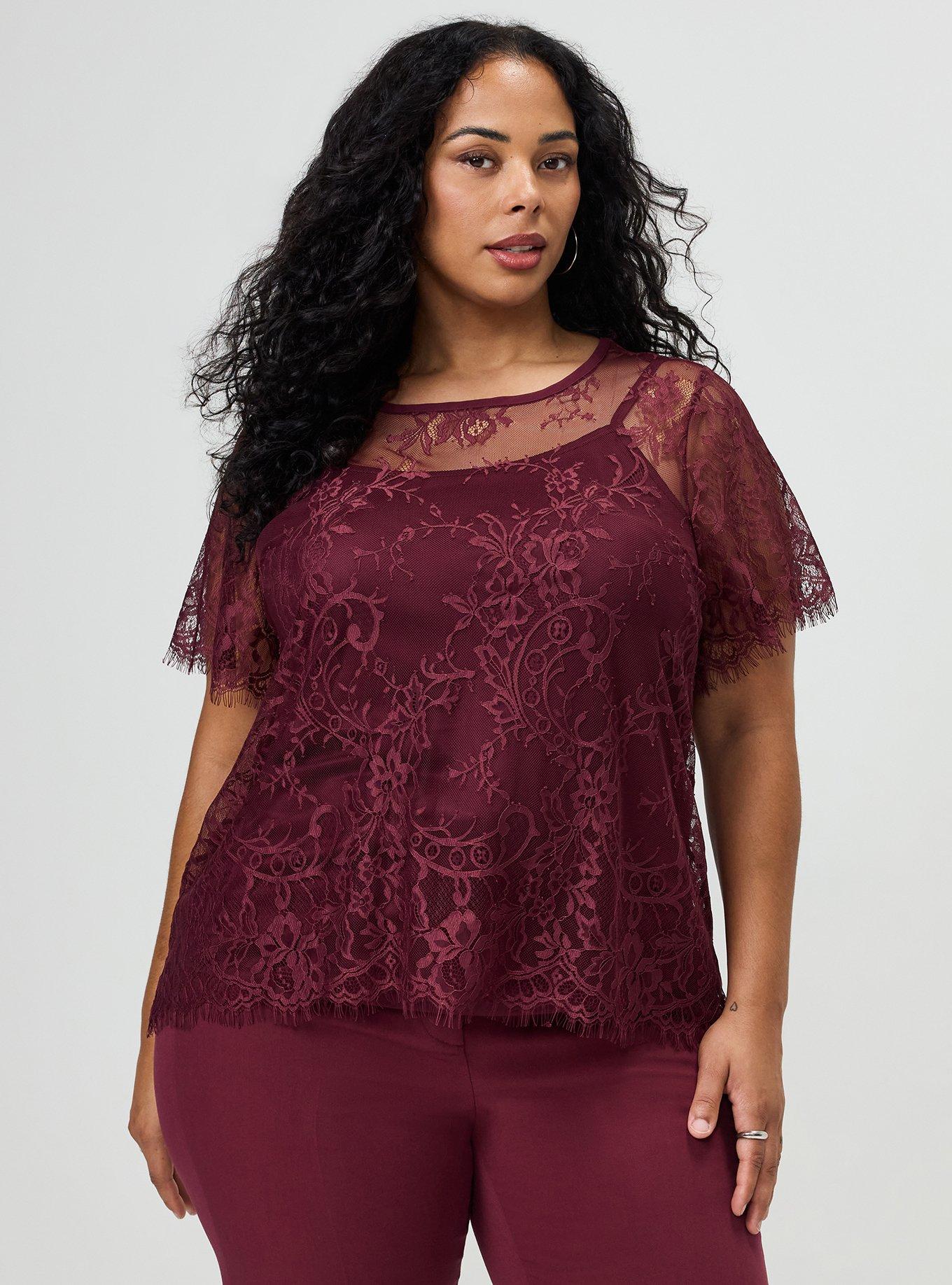 Plus Size Abbey Lace Top, MAROON BANNER, hi-res