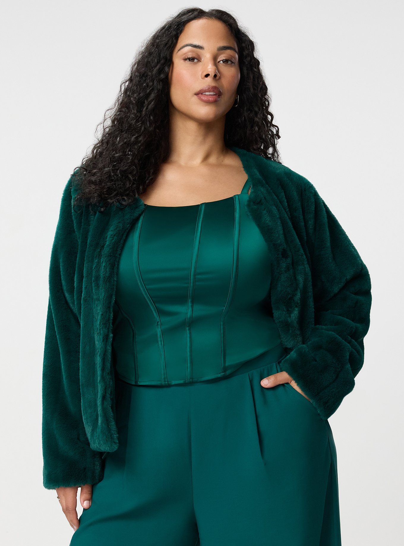 Collarless Faux Fur Jacket, BOTANICAL GARDEN, alternate