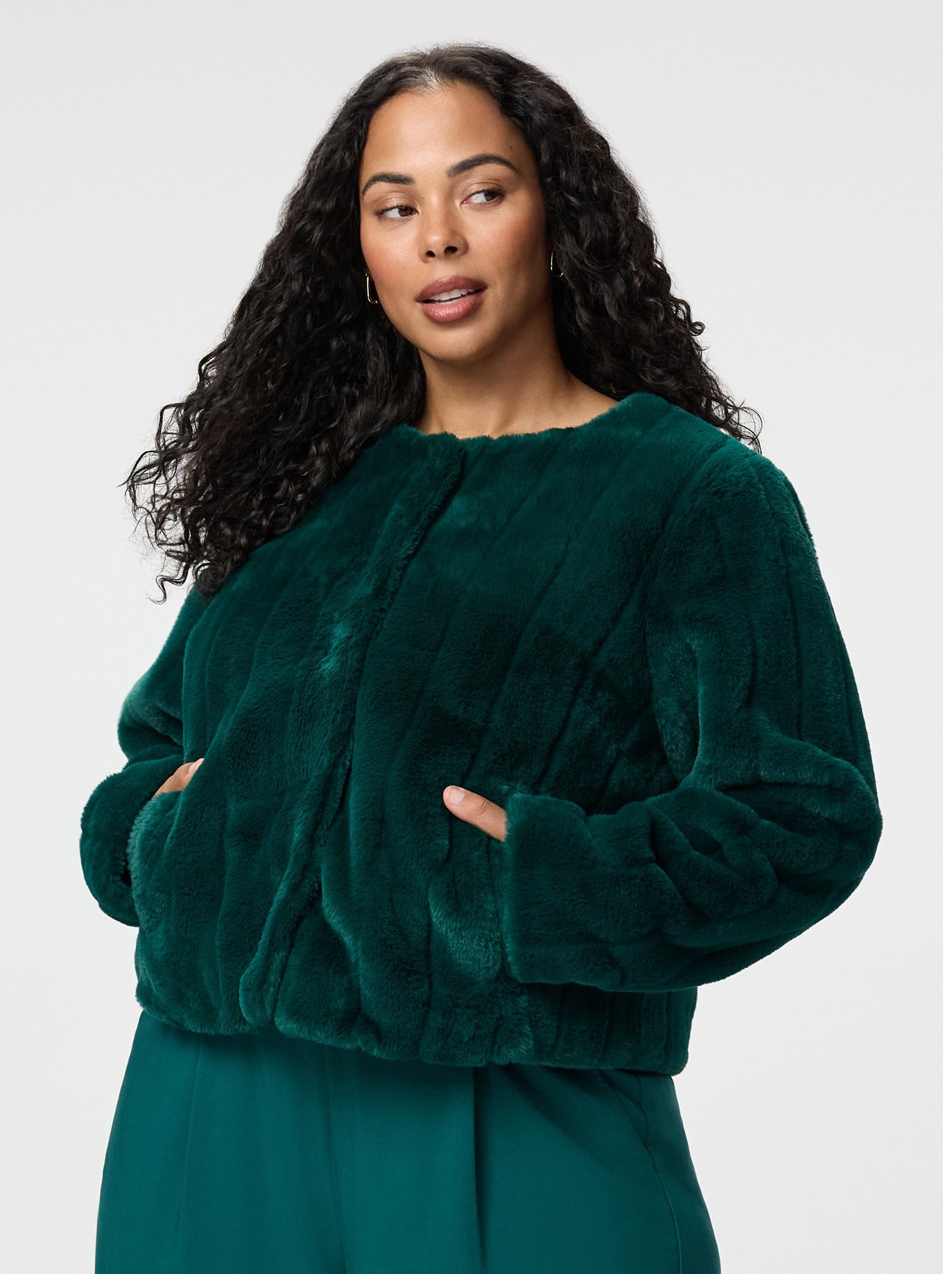 Collarless Faux Fur Jacket, BOTANICAL GARDEN, hi-res