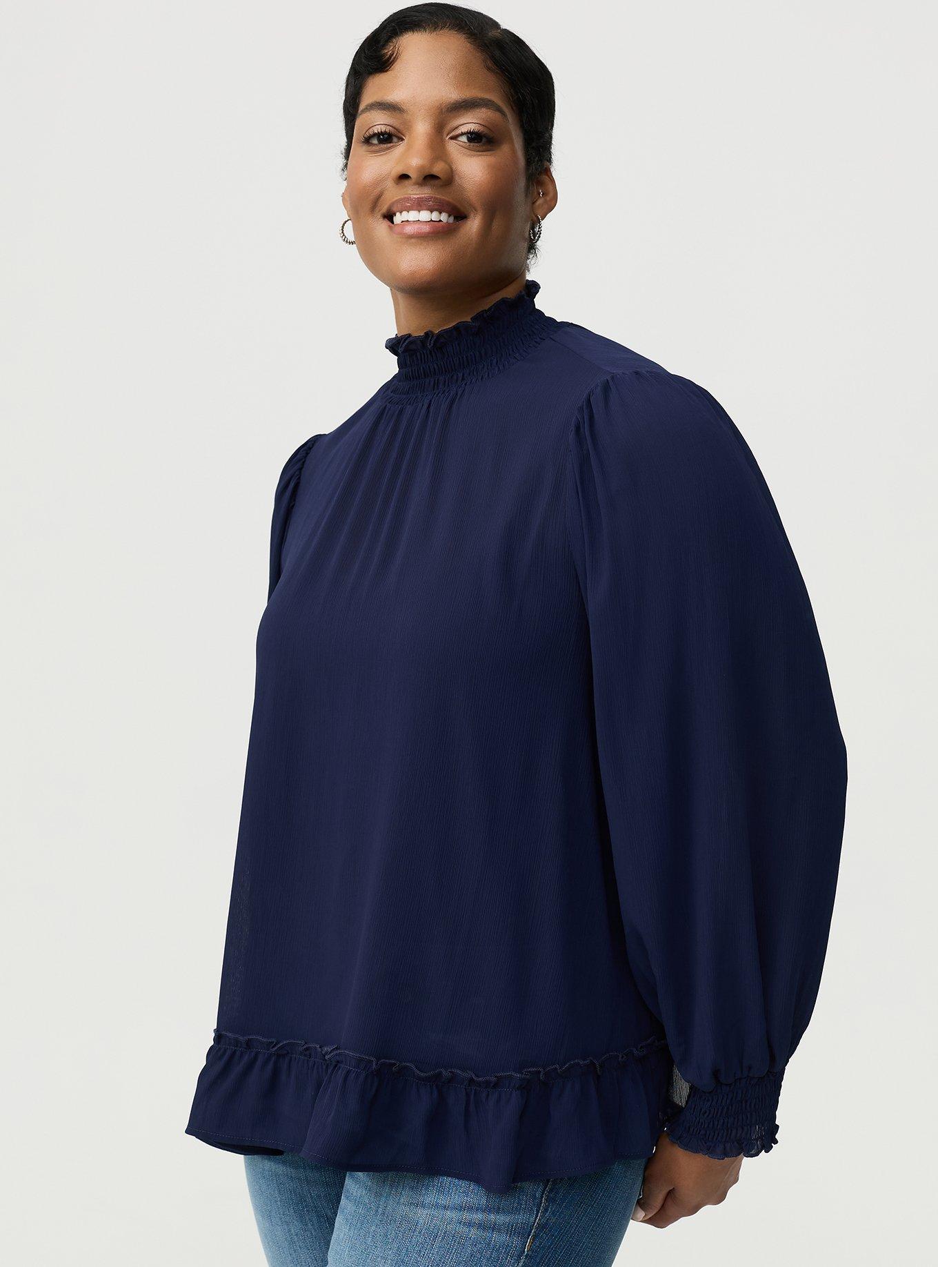 Smocked Neck Blouse, PEACOAT, hi-res