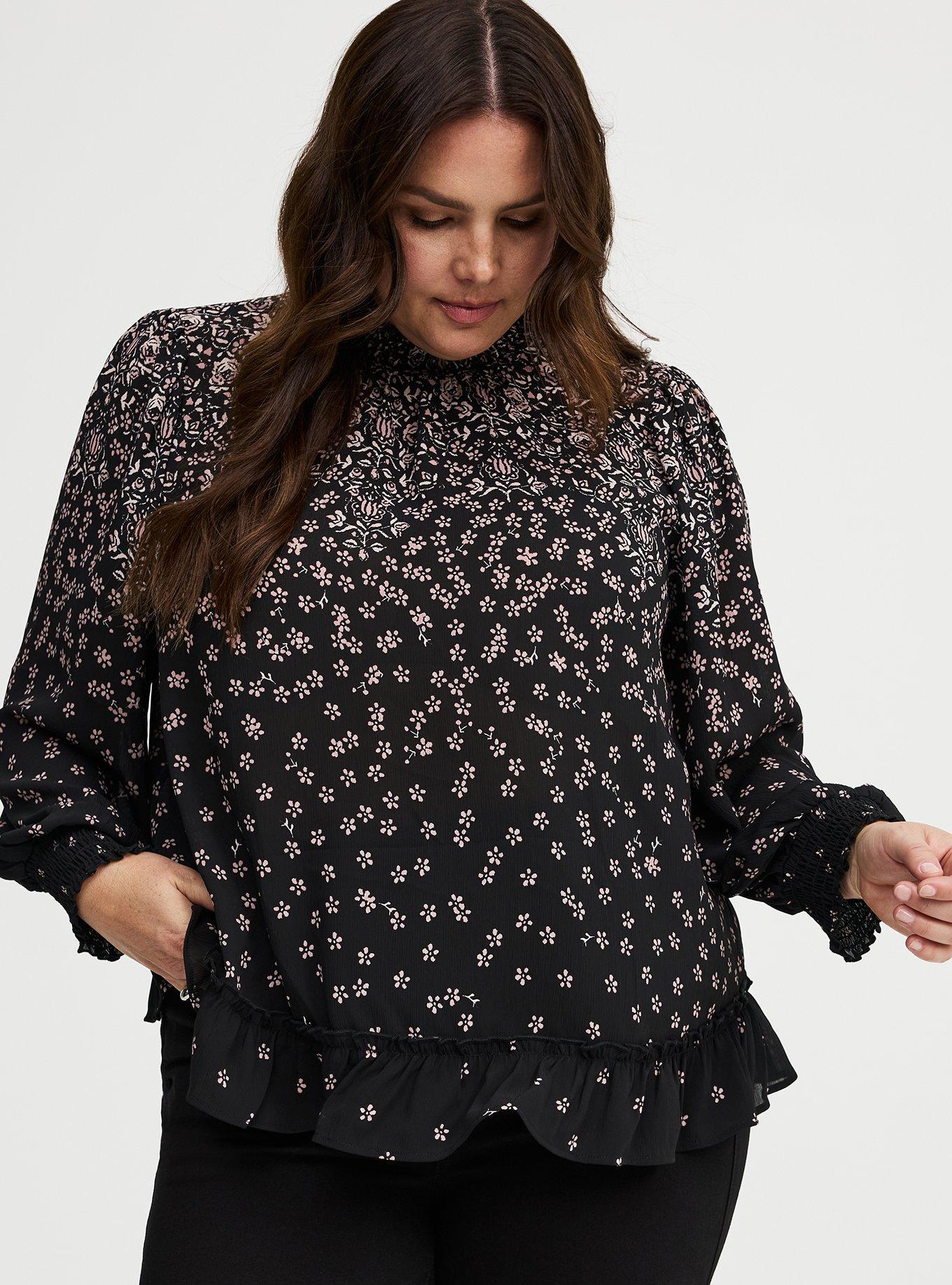 Smocked Neck Blouse, BRUSH STROKE FLORAL, hi-res