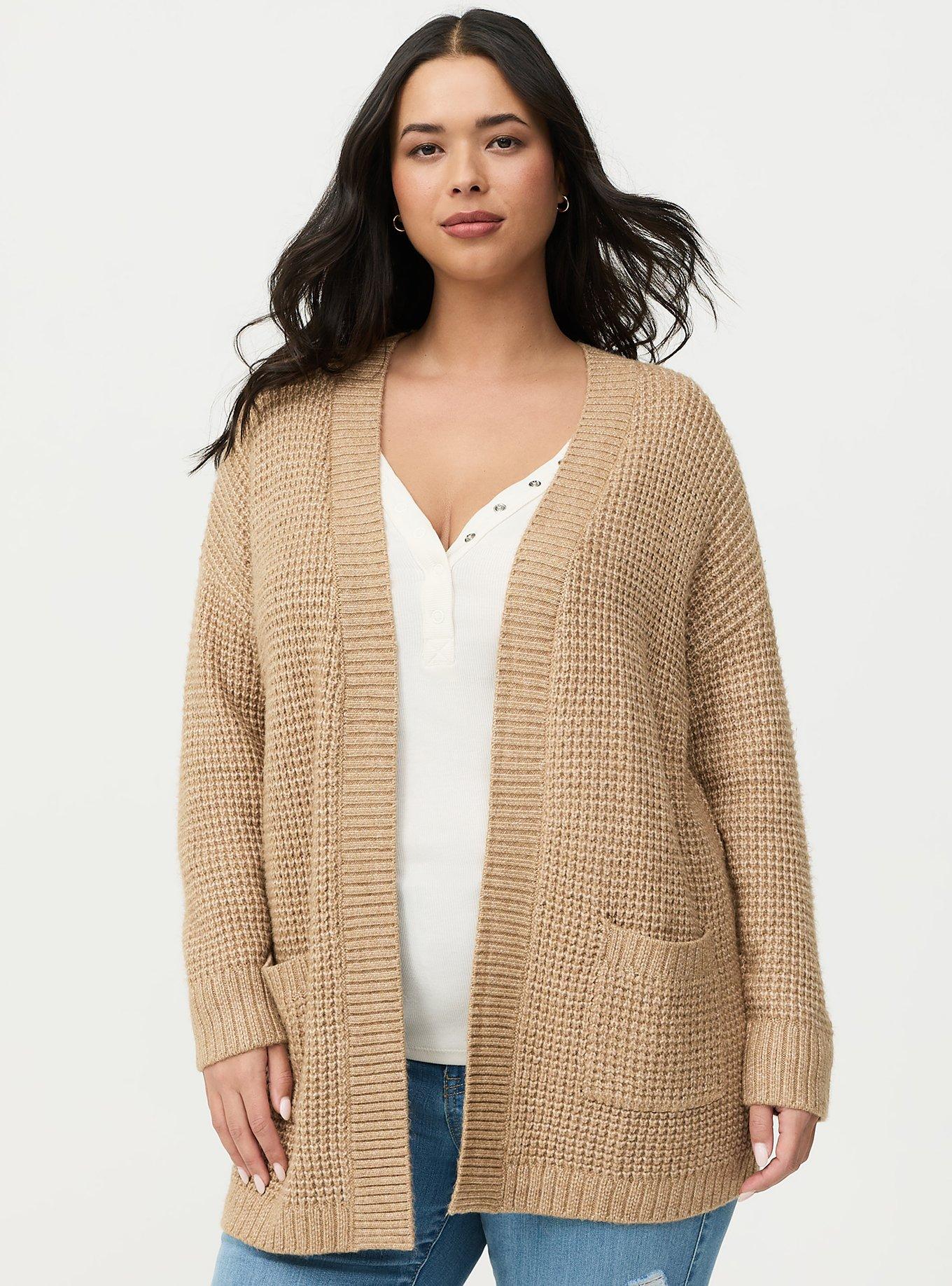 Drop Shoulder Open Front Cardigan, CAMEL HEATHER, alternate