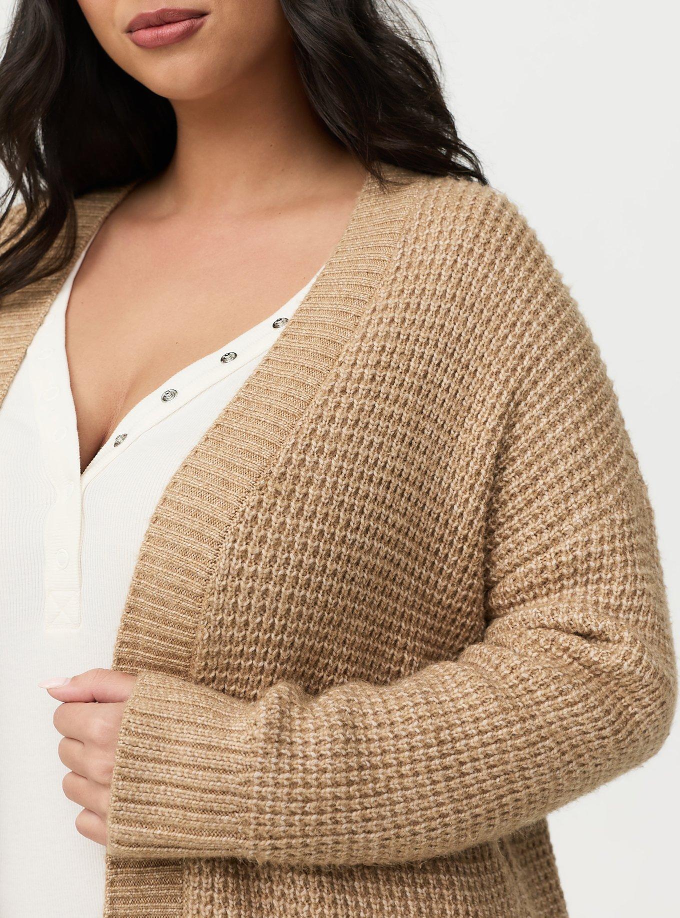 Drop Shoulder Open Front Cardigan, CAMEL HEATHER, alternate