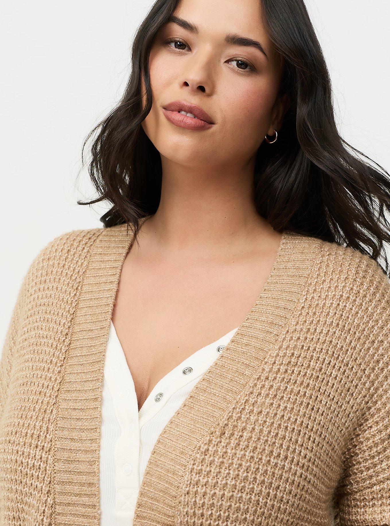 Drop Shoulder Open Front Cardigan, CAMEL HEATHER, alternate