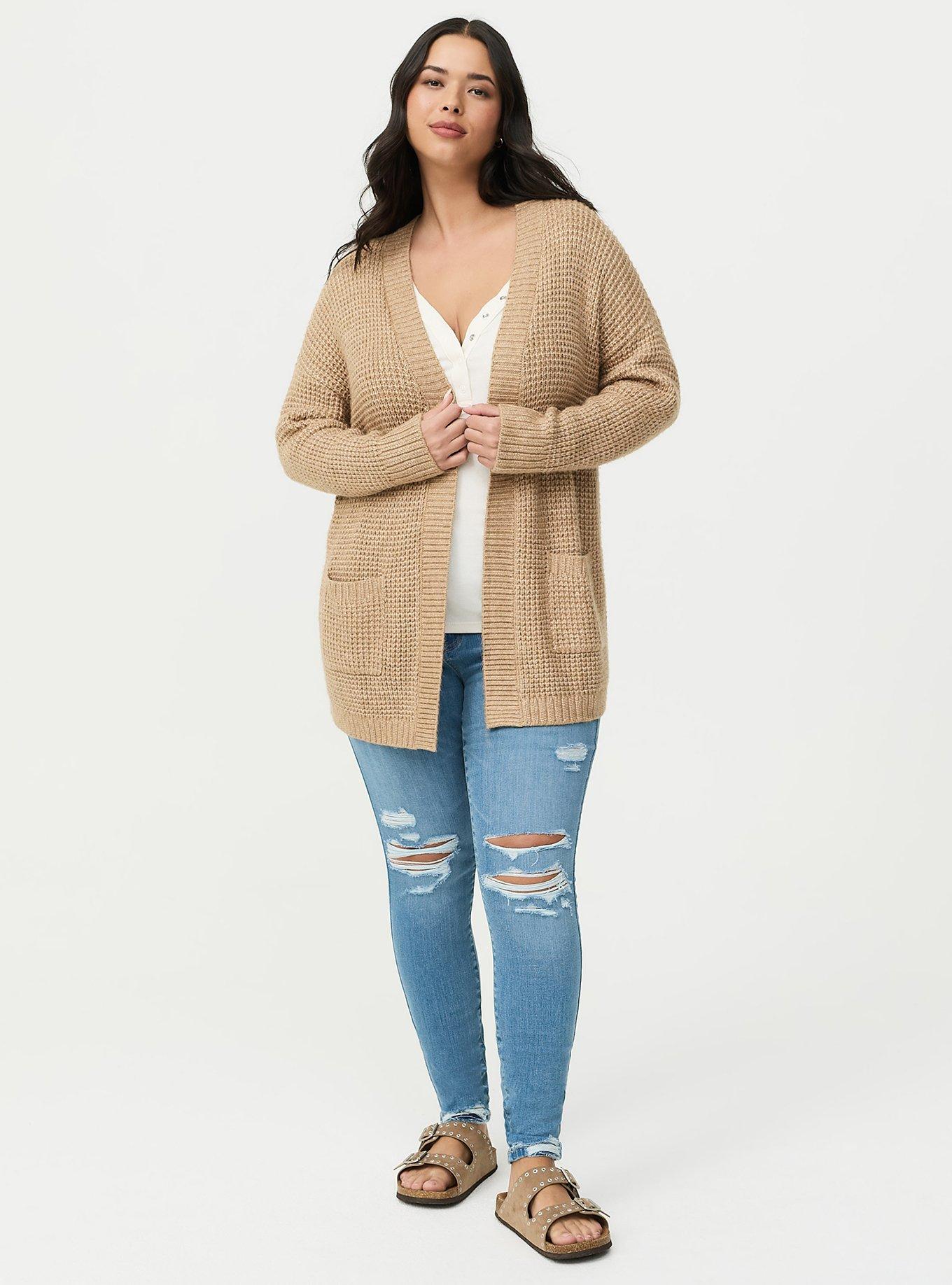 Drop Shoulder Open Front Cardigan, CAMEL HEATHER, hi-res