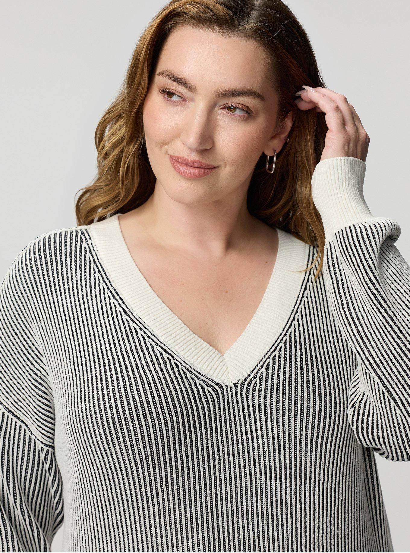 Chenille V-Neck Tunic Pullover Sweater, WHISPER BLACK STRIPES, alternate