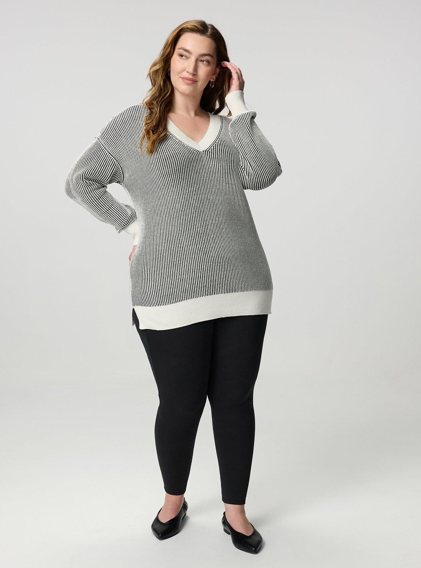 Chenille V-Neck Tunic Pullover Sweater, WHISPER BLACK STRIPES, alternate