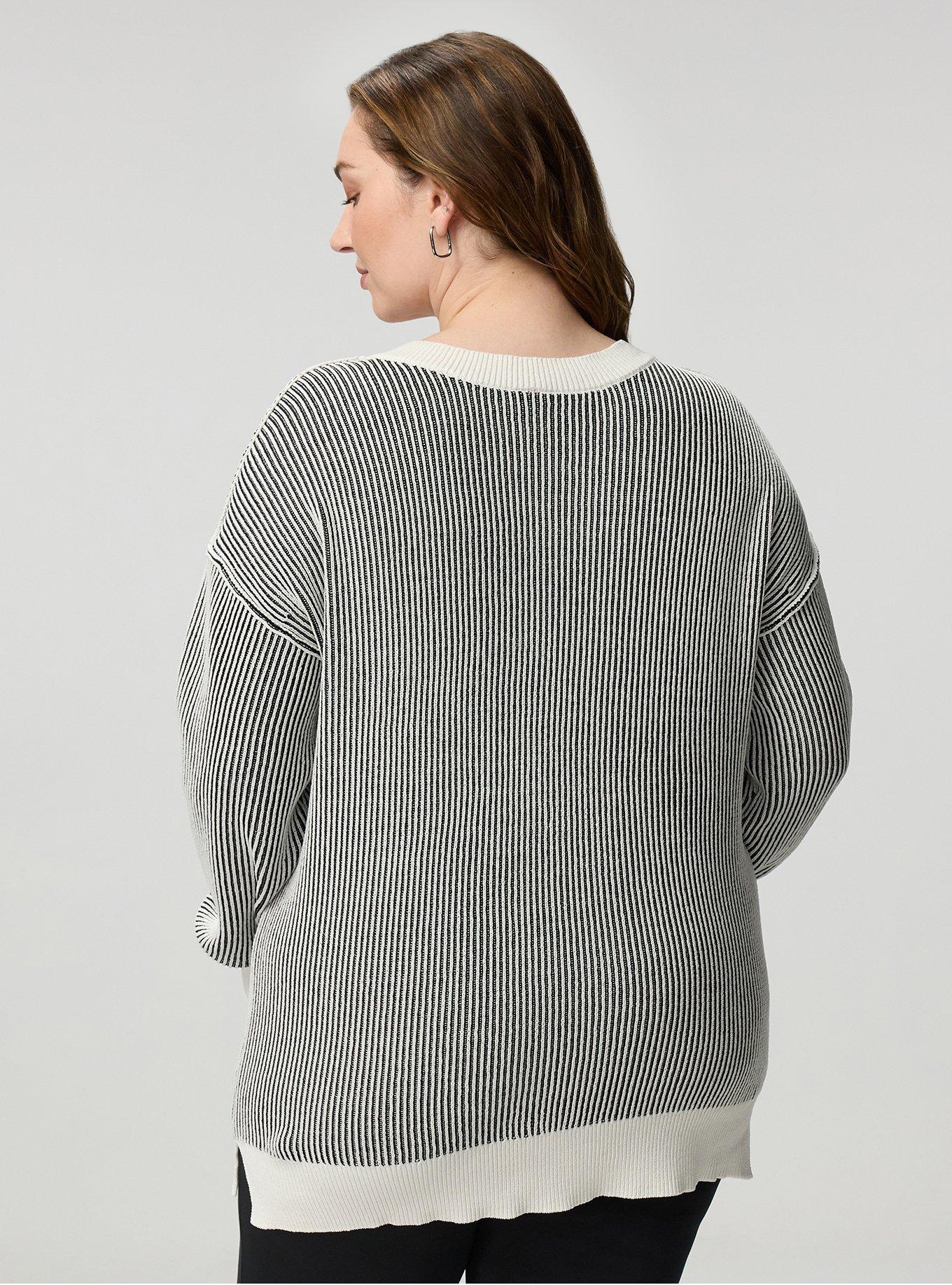 Chenille V-Neck Tunic Pullover Sweater, WHISPER BLACK STRIPES, alternate