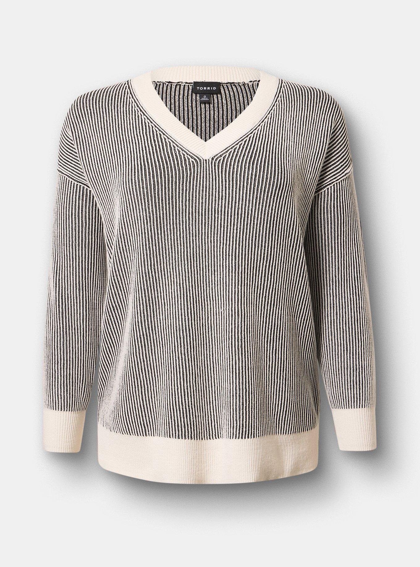 Chenille V-Neck Tunic Pullover Sweater, WHISPER BLACK STRIPES, hi-res