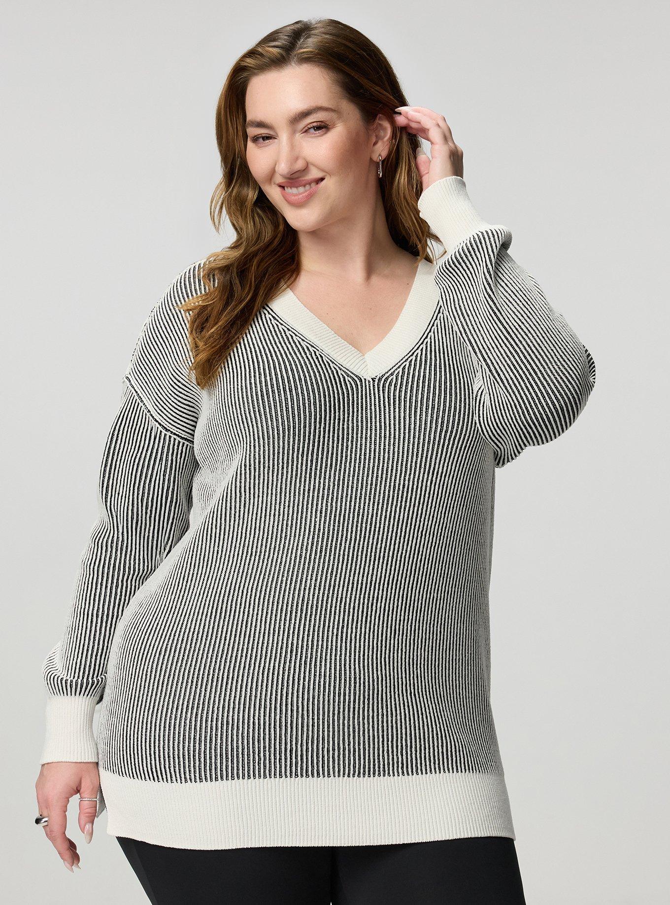 Chenille V-Neck Tunic Pullover Sweater, WHISPER BLACK STRIPES, hi-res