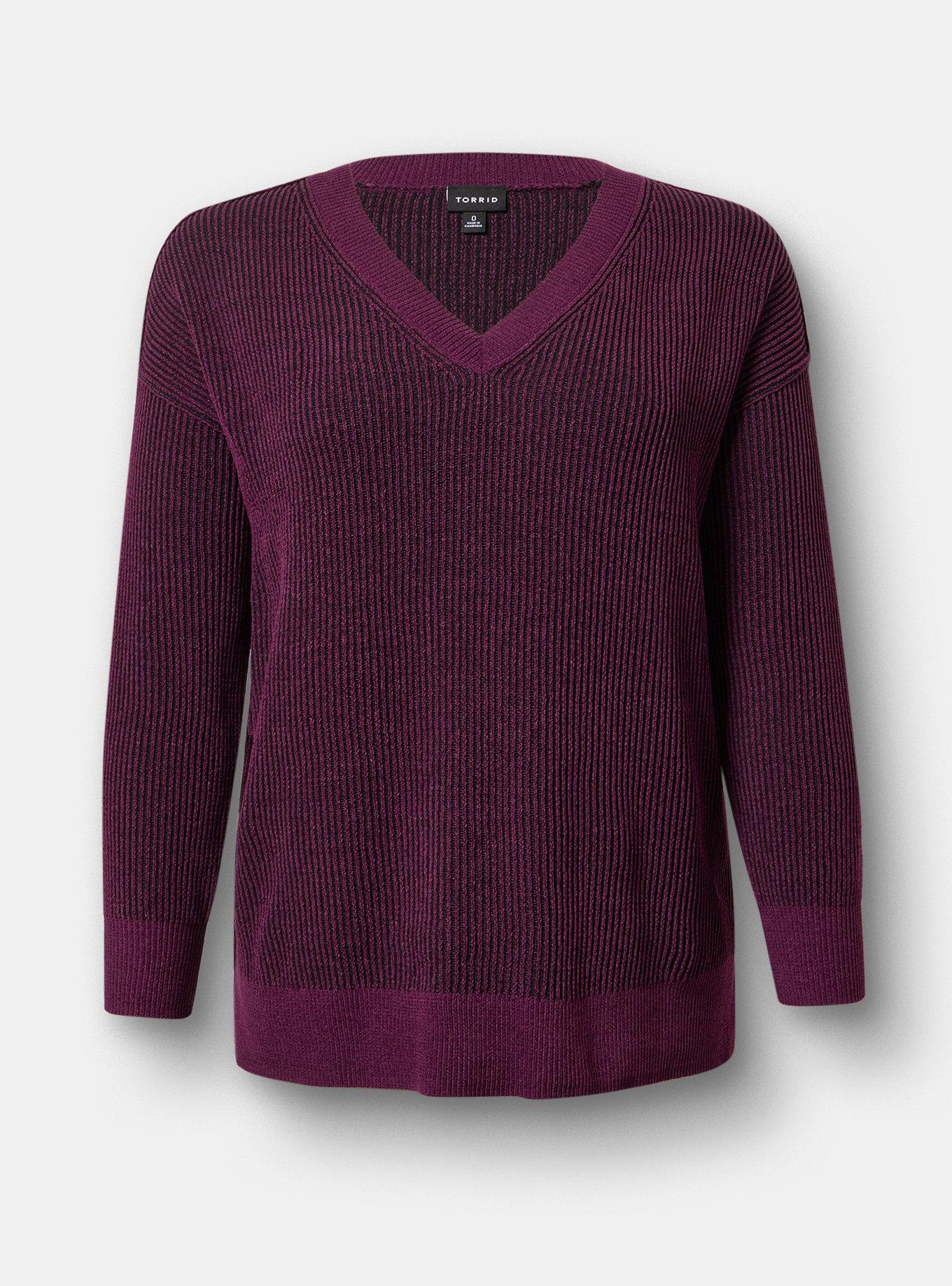Chenille V-Neck Tunic Pullover Sweater, WINTER BLACK STRIPES, flat