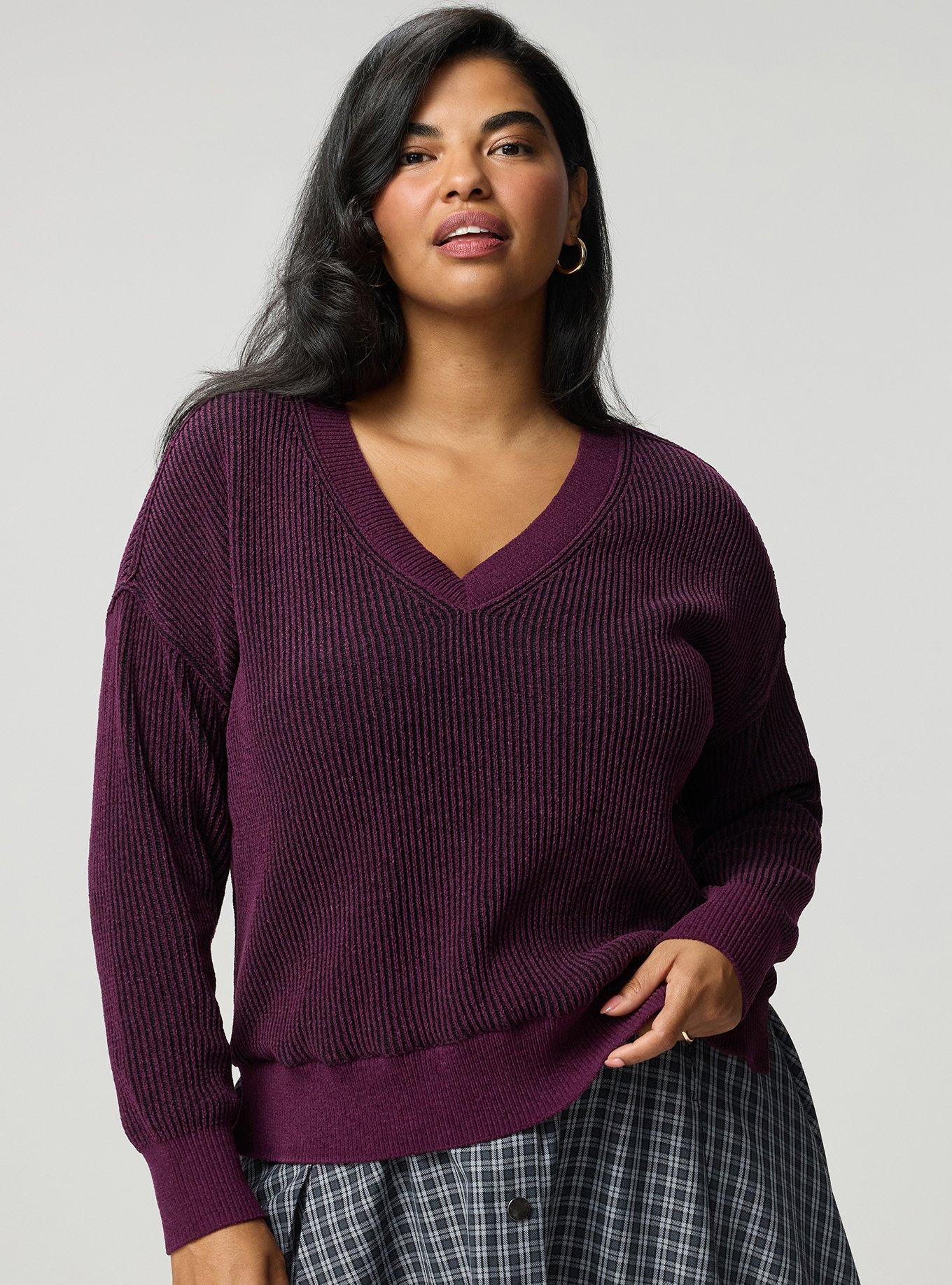 Chenille V-Neck Tunic Pullover Sweater, WINTER BLACK STRIPES, hi-res