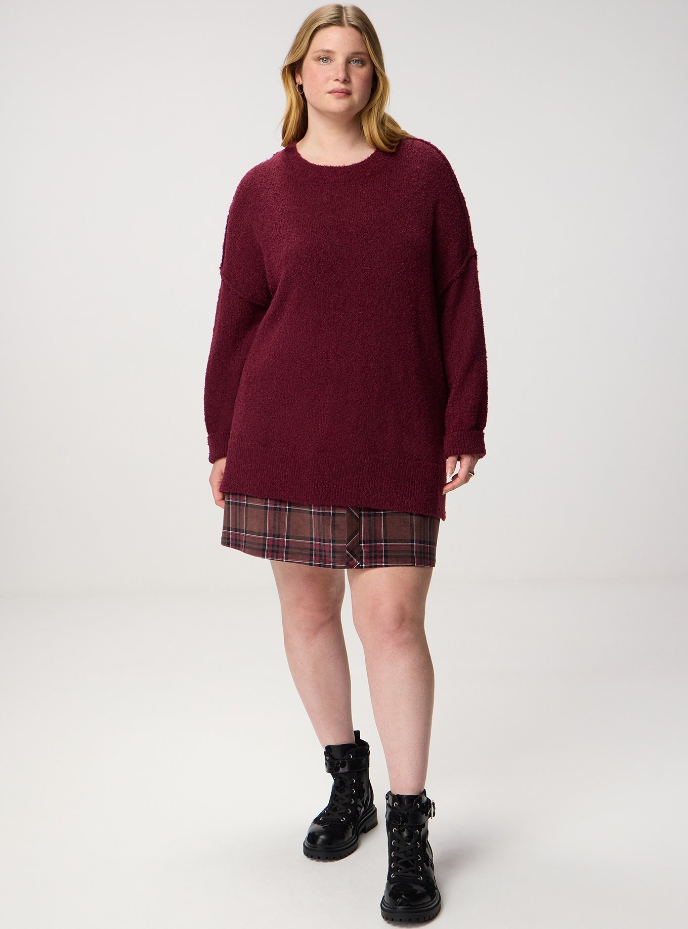 Plus Size Boucle Crew Tunic Sweater, MAROON BANNER, alternate