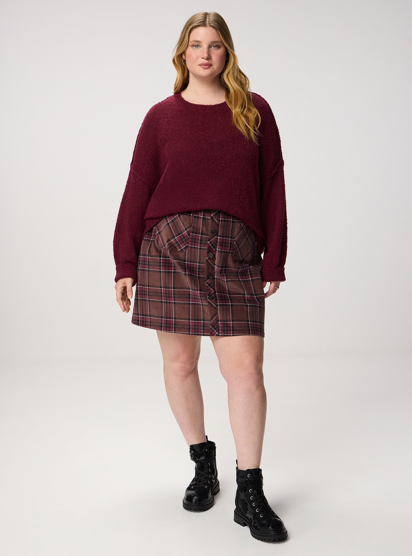 Plus Size Boucle Crew Tunic Sweater, MAROON BANNER, alternate