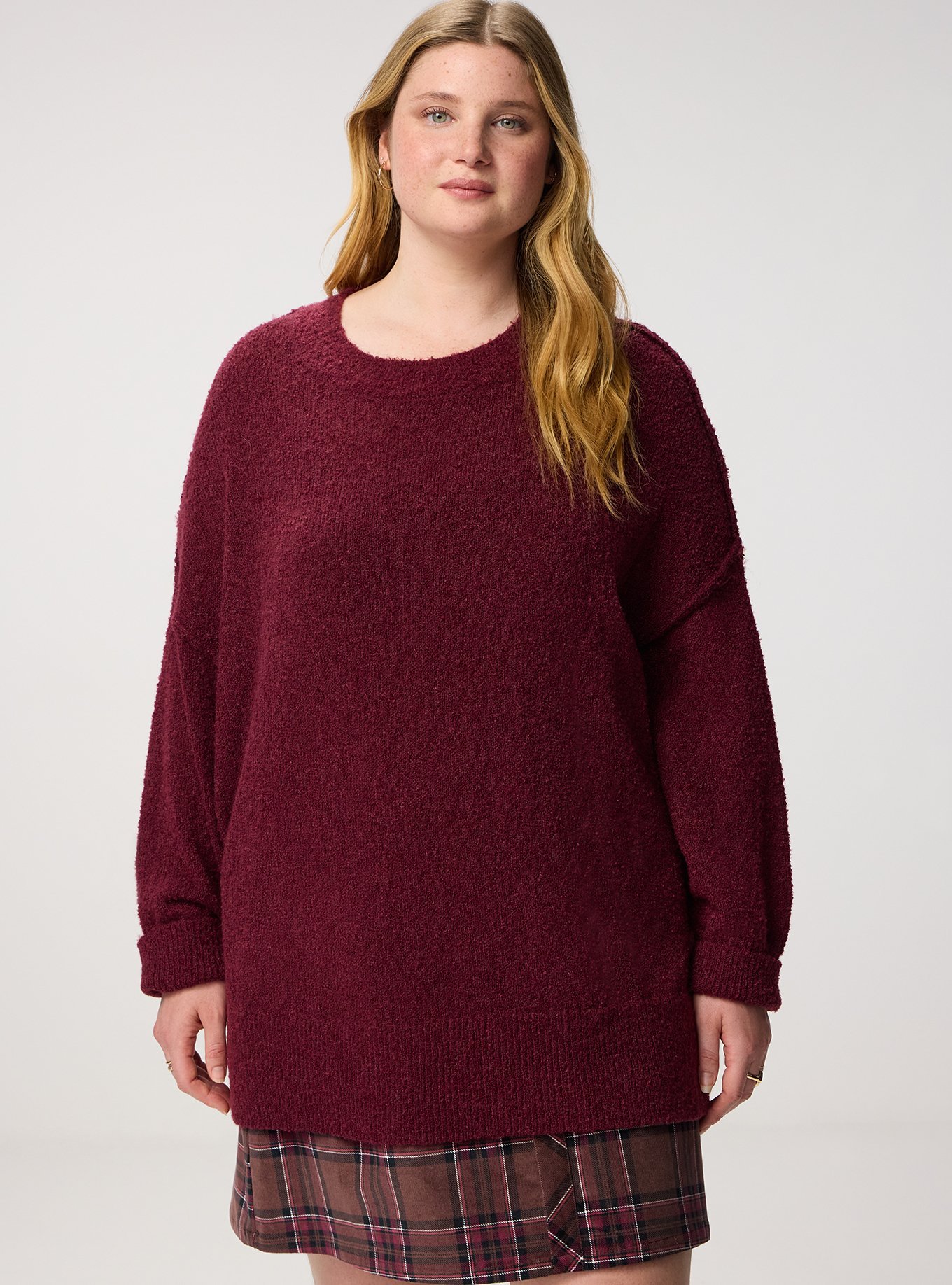 Plus Size Boucle Crew Tunic Sweater, MAROON BANNER, hi-res