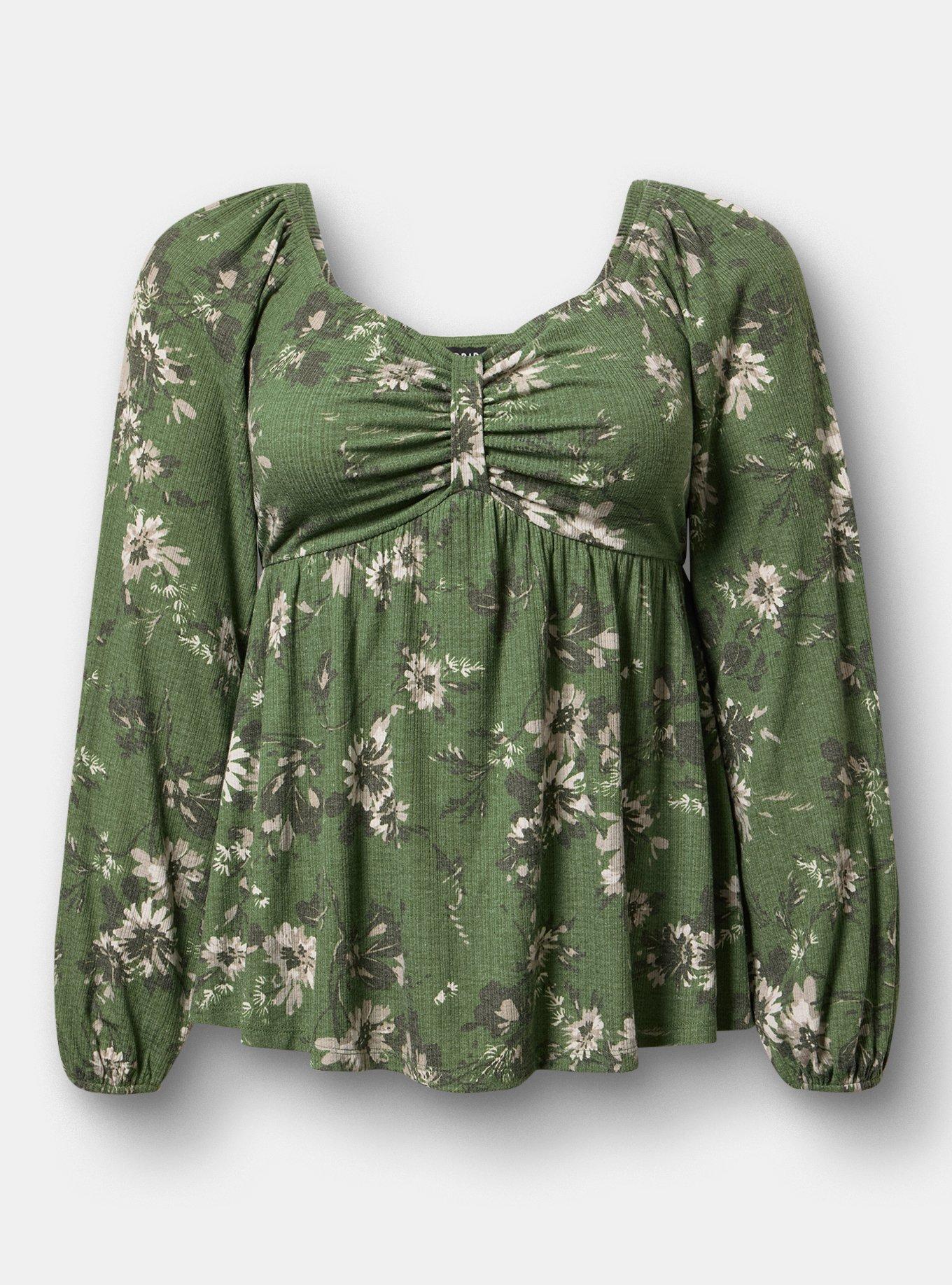 Sweetheart Cinched Babydoll Top, WENDY FLORAL OLIVE, flat