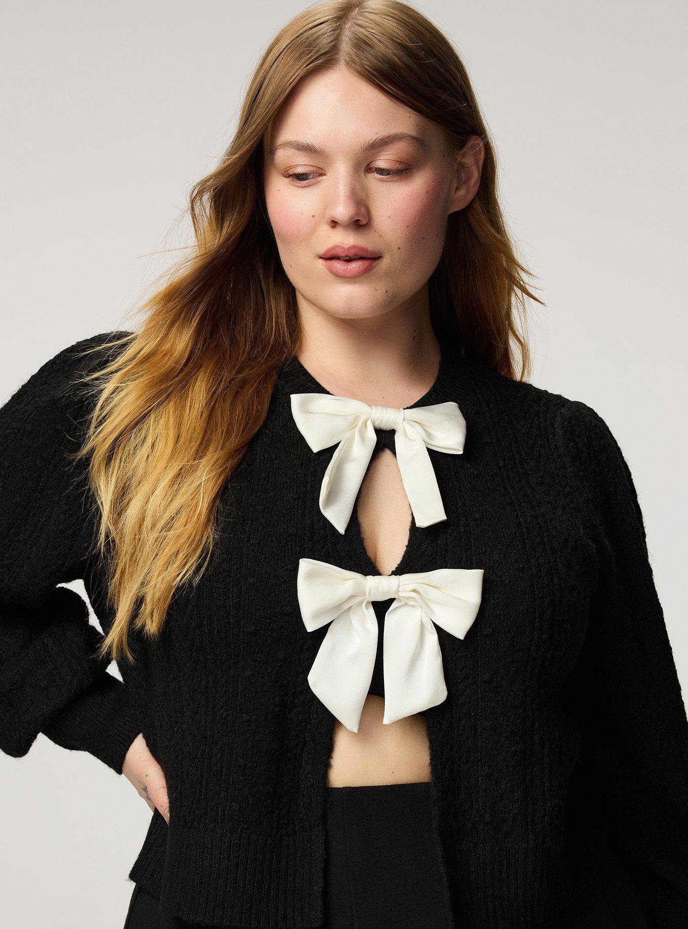Vegan Cashmere Bow Shrug Sweater, DEEP BLACK, alternate
