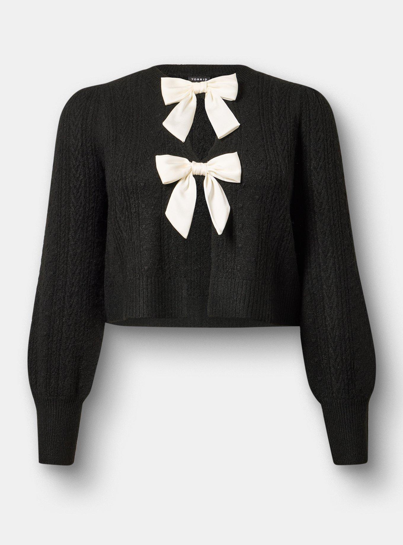 Vegan Cashmere Bow Shrug Sweater, DEEP BLACK, flat