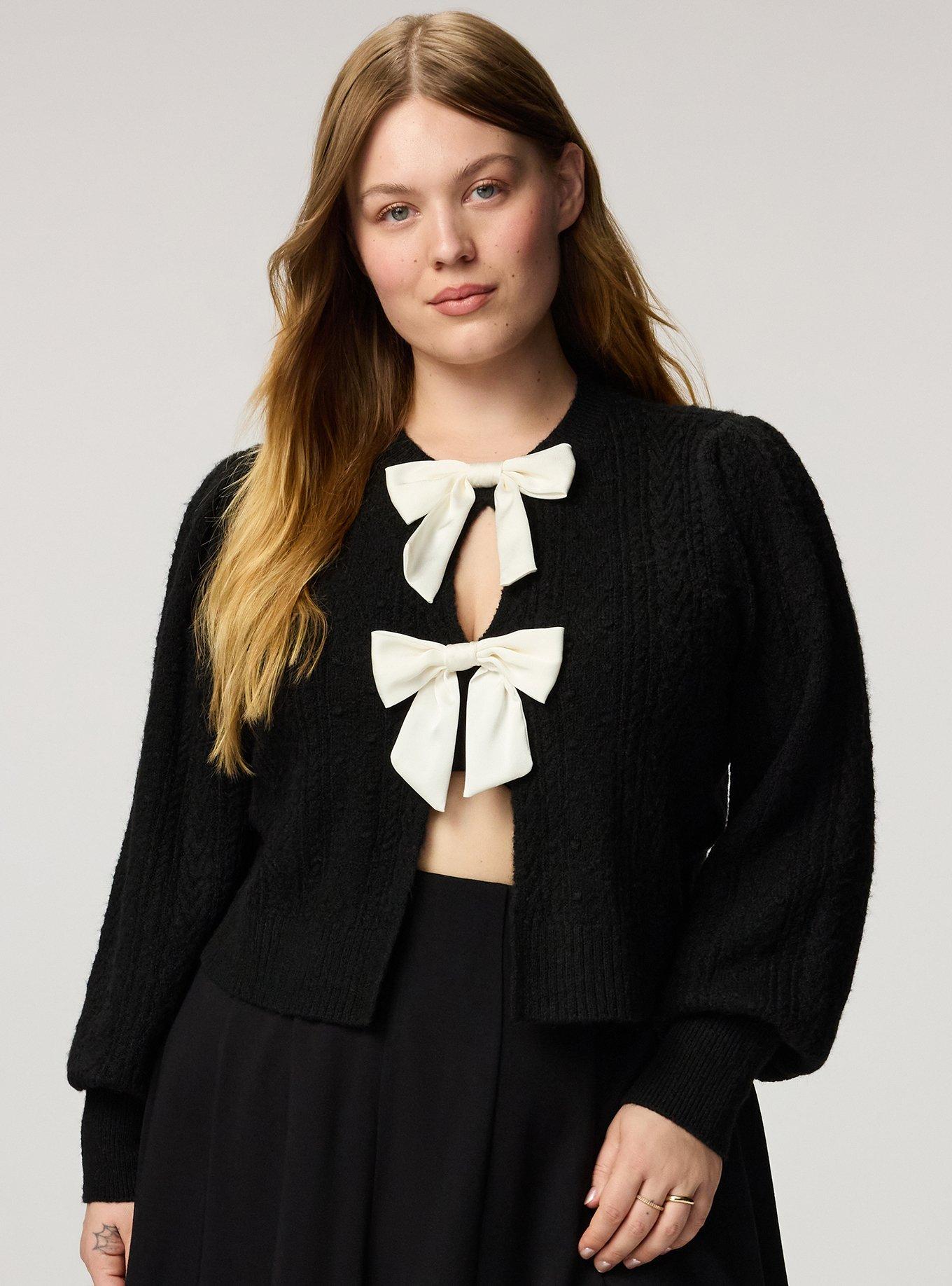 Vegan Cashmere Bow Shrug Sweater, DEEP BLACK, hi-res