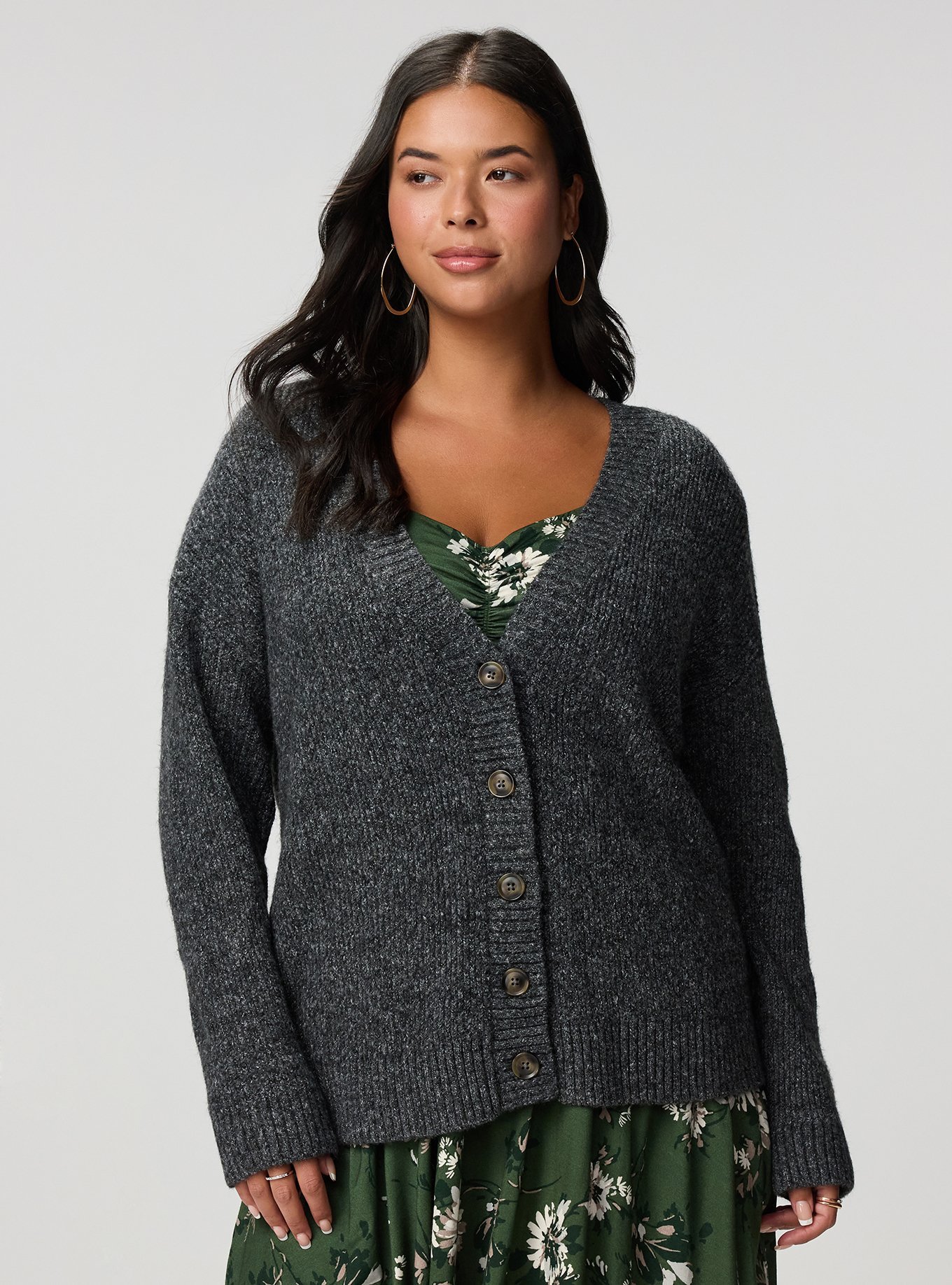 Vegan Cashmere V-Neck Cardigan, CHARCOAL VEGAN CASHMERE, hi-res
