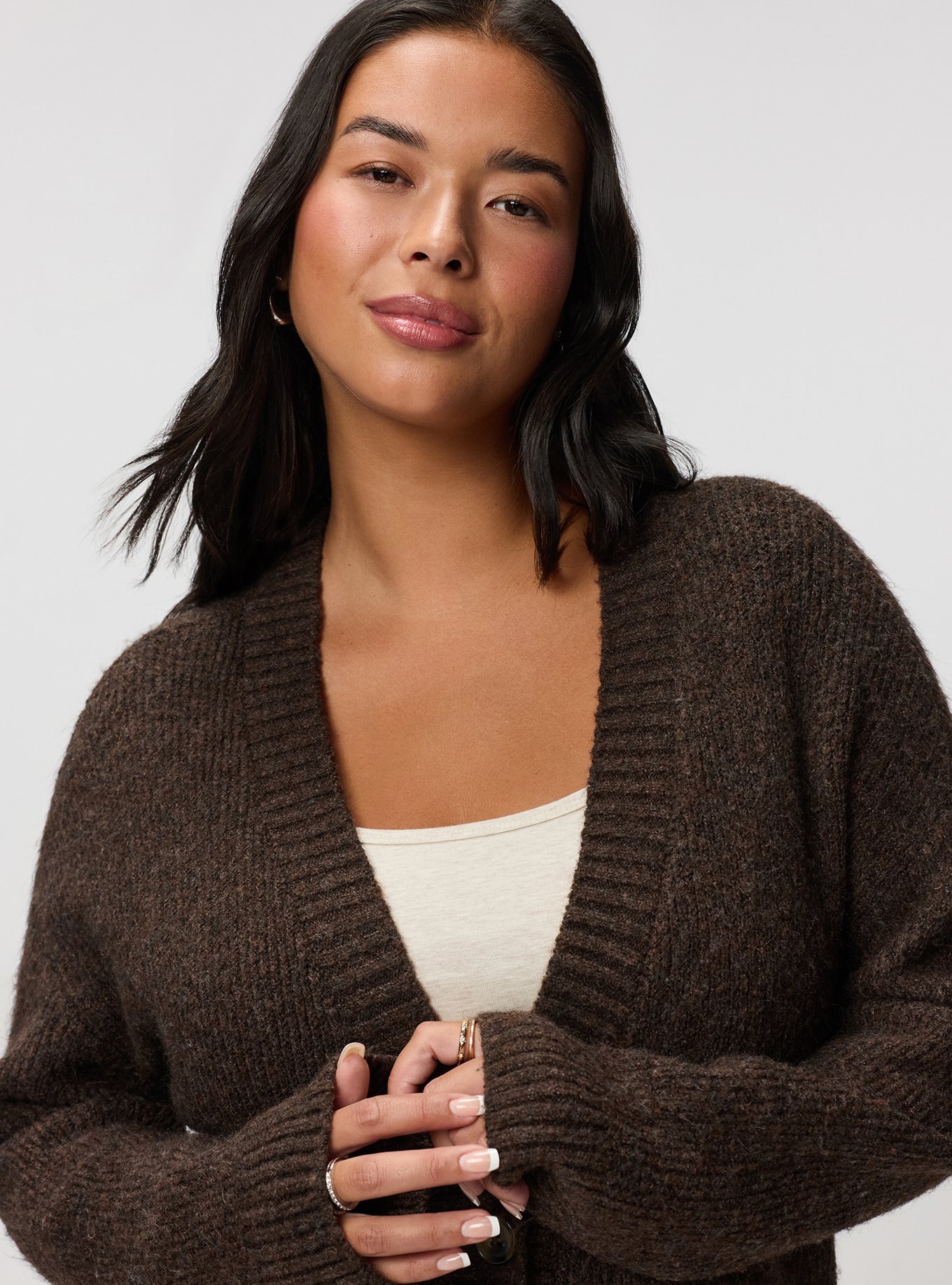 Vegan Cashmere V-Neck Cardigan, CHOCOLATE BROWN VEGAN CASHMERE, alternate