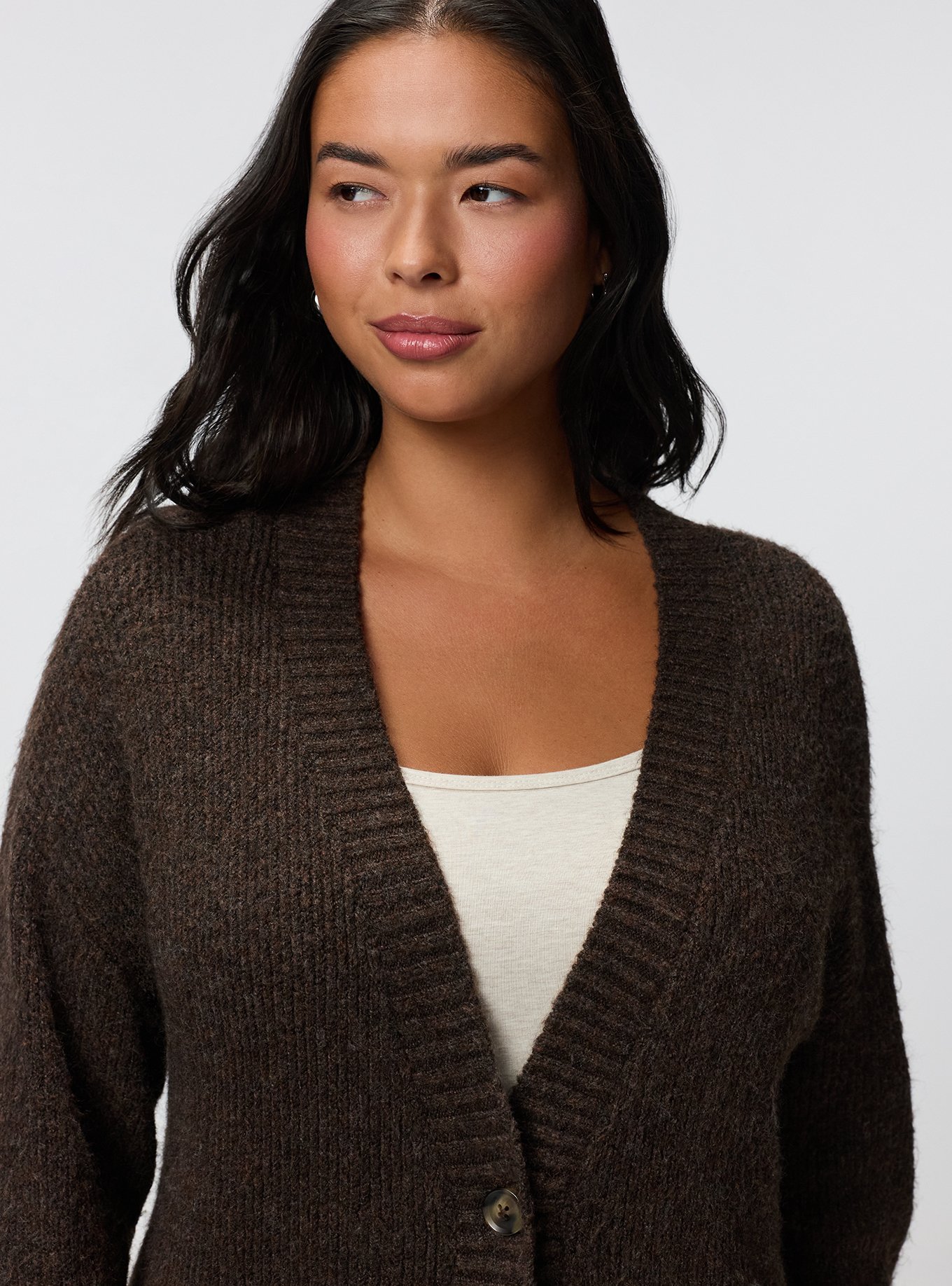 Vegan Cashmere V-Neck Cardigan, CHOCOLATE BROWN VEGAN CASHMERE, alternate