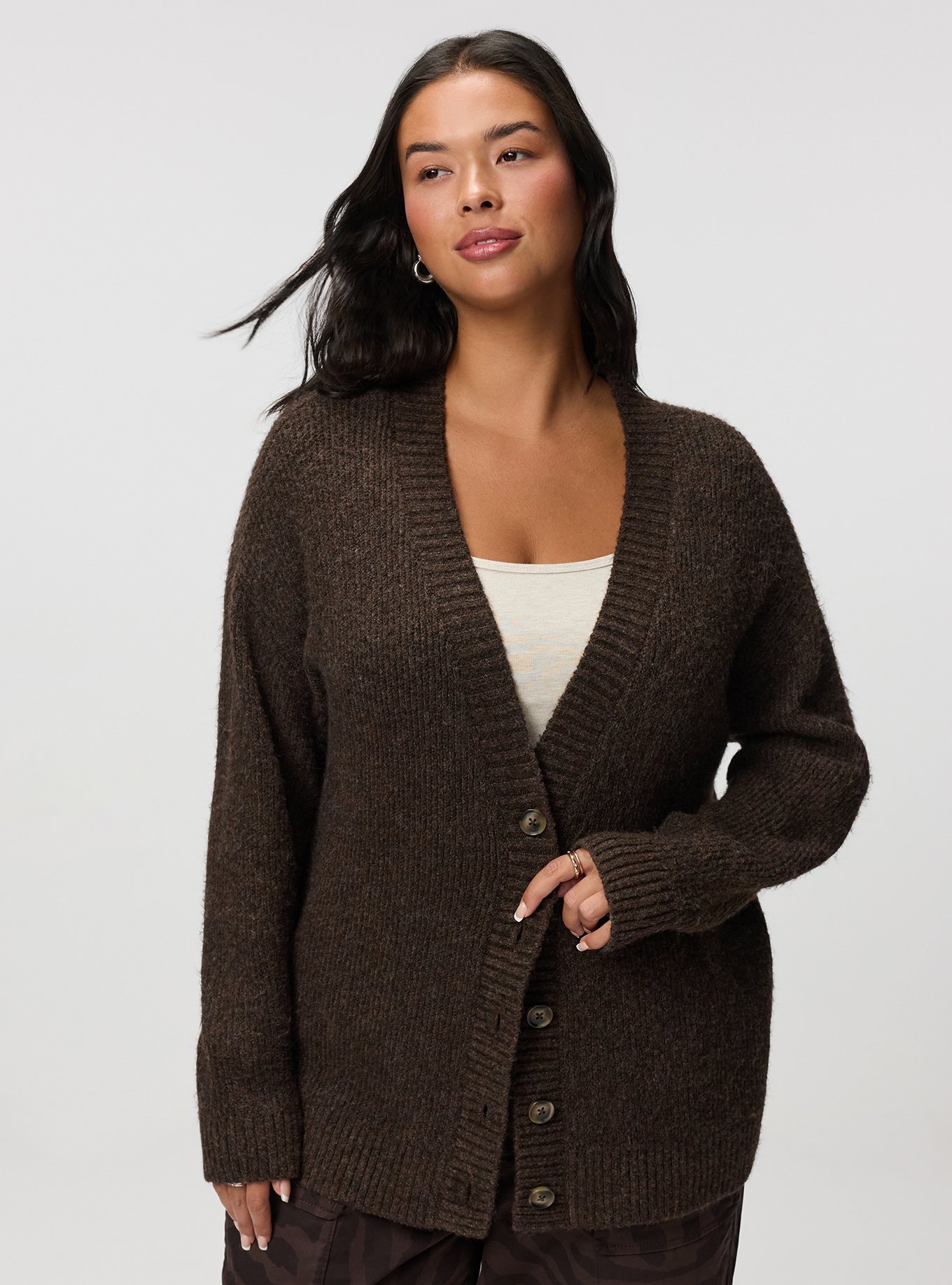 Vegan Cashmere V-Neck Cardigan, CHOCOLATE BROWN VEGAN CASHMERE, hi-res