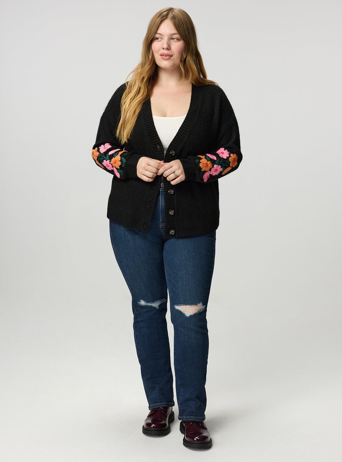 Vegan Cashmere V-Neck Cardigan, RADIANT BLOOMS DEEP BLACK, alternate