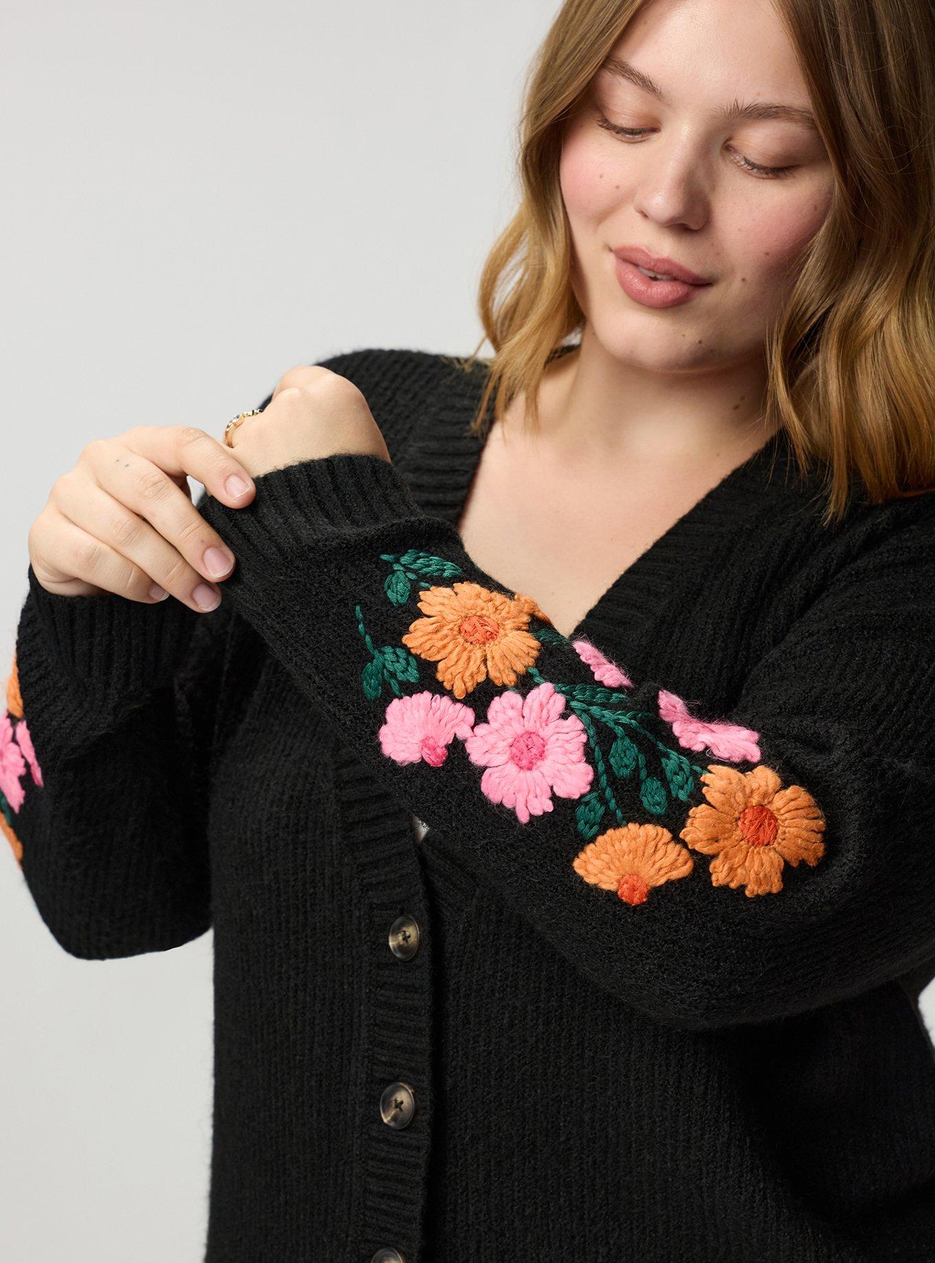 Vegan Cashmere V-Neck Cardigan, RADIANT BLOOMS DEEP BLACK, alternate