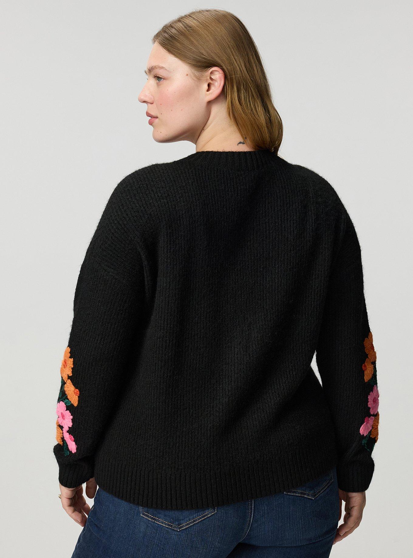 Vegan Cashmere V-Neck Cardigan, RADIANT BLOOMS DEEP BLACK, alternate