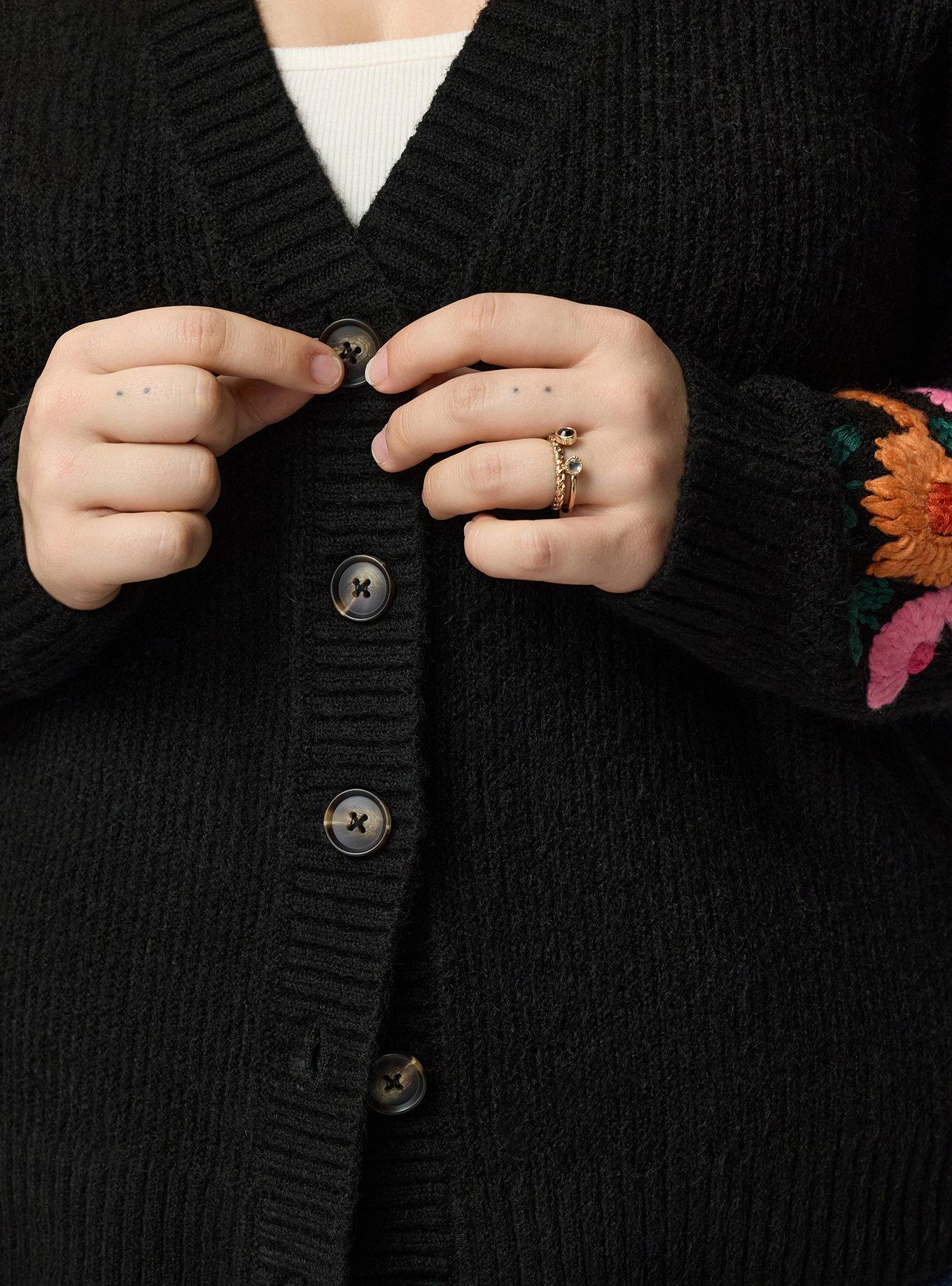 Vegan Cashmere V-Neck Cardigan, RADIANT BLOOMS DEEP BLACK, alternate