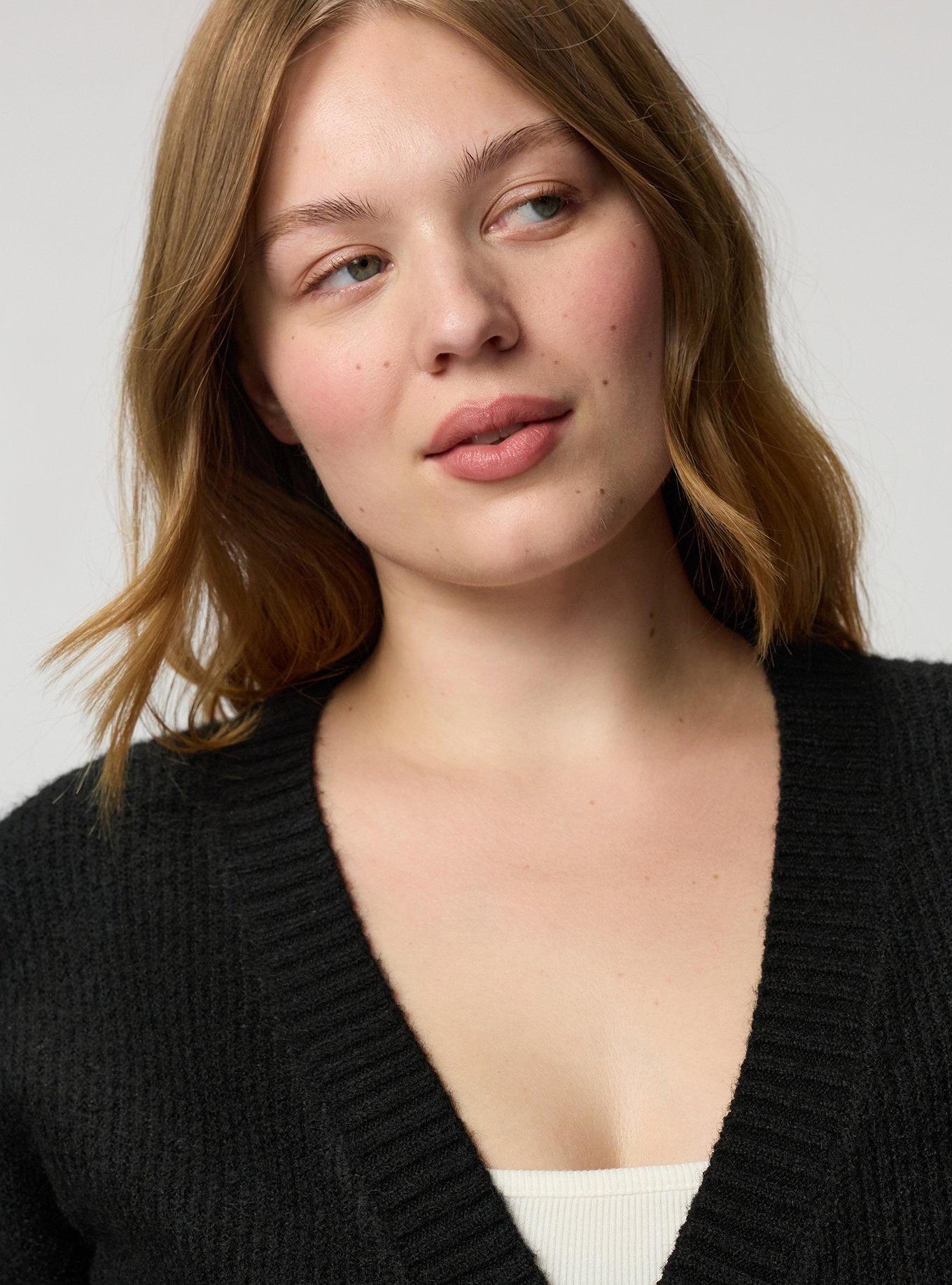 Vegan Cashmere V-Neck Cardigan, RADIANT BLOOMS DEEP BLACK, alternate