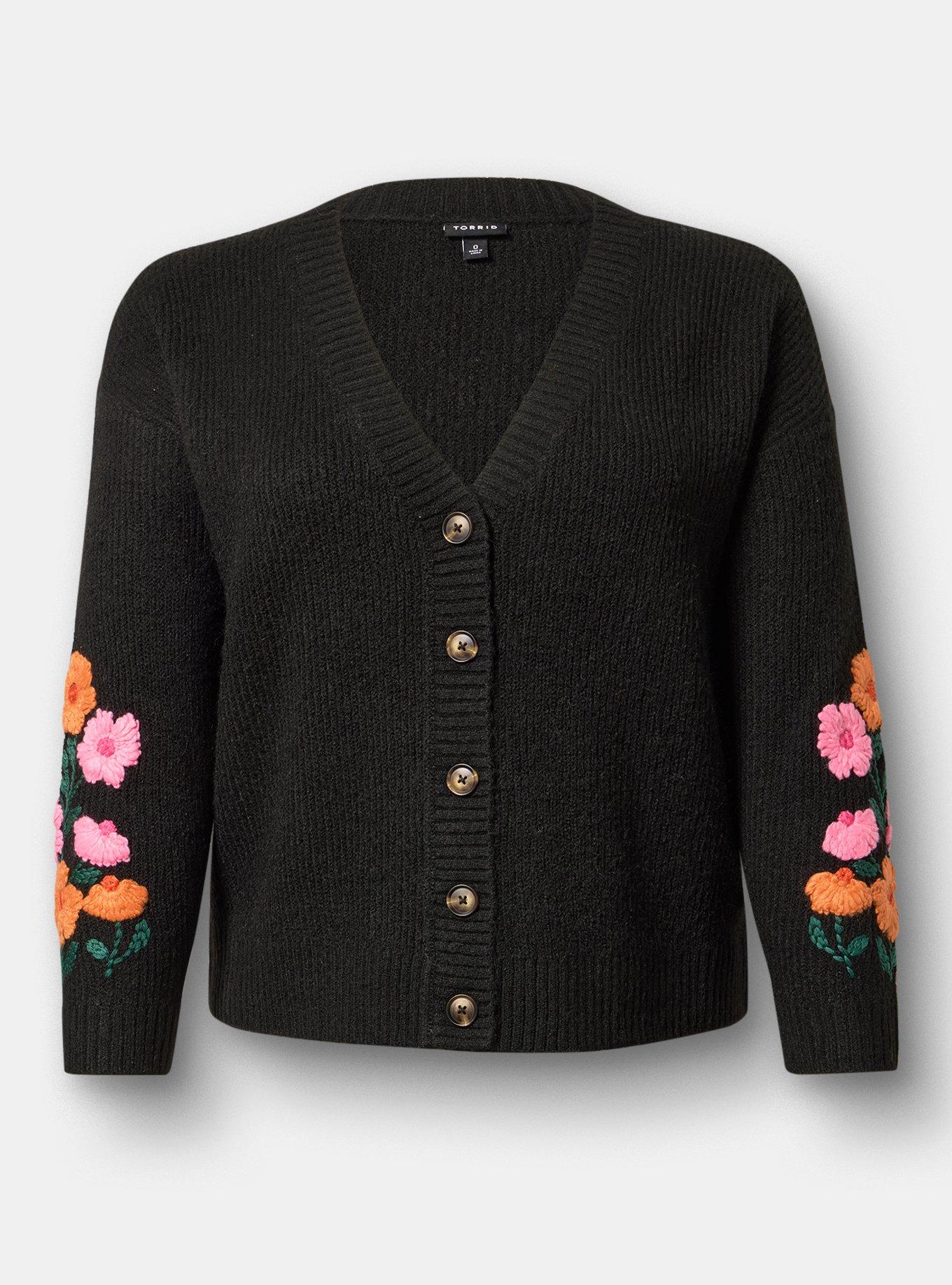 Vegan Cashmere V-Neck Cardigan, RADIANT BLOOMS DEEP BLACK, flat