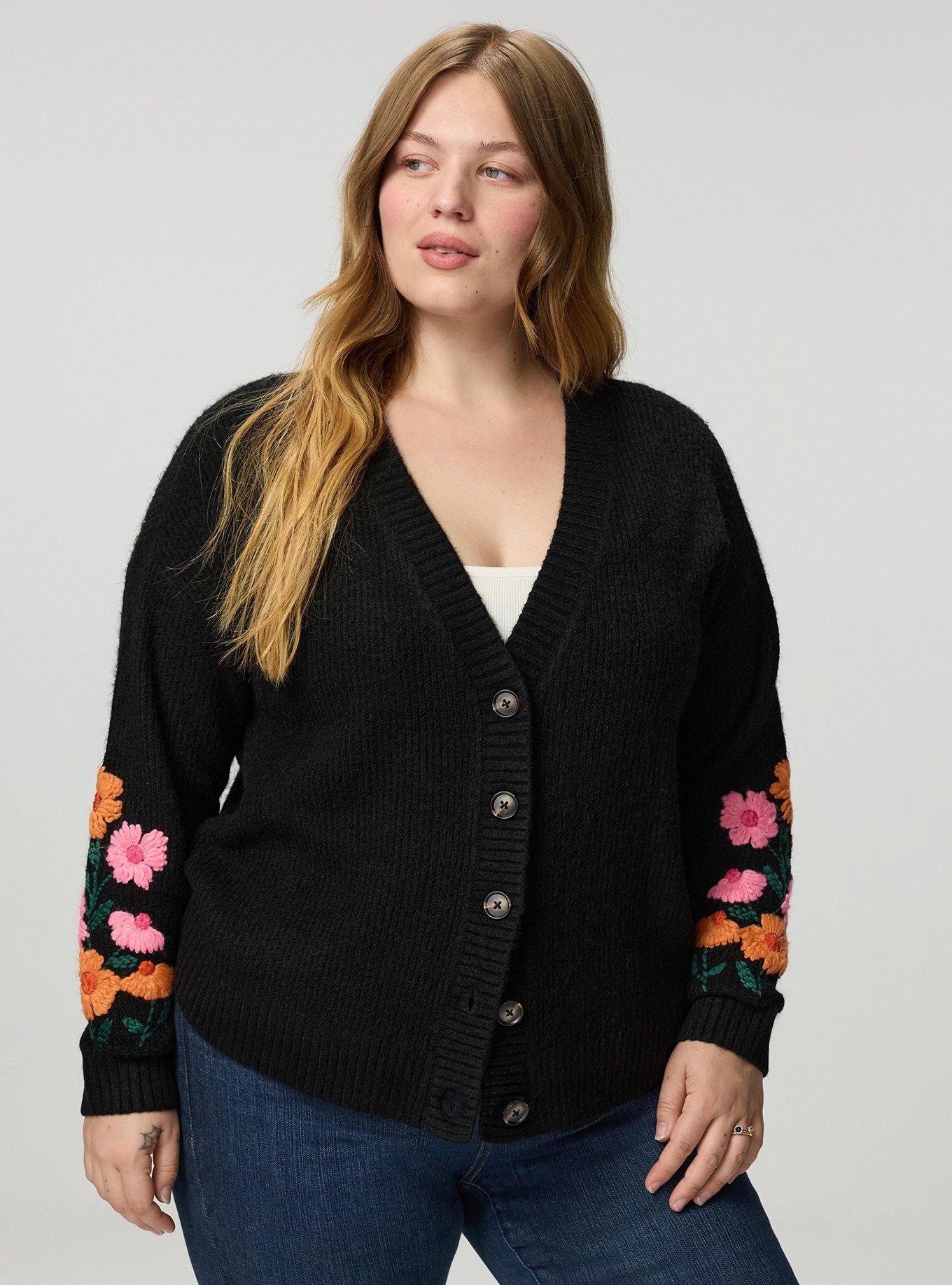 Vegan Cashmere V-Neck Cardigan, RADIANT BLOOMS DEEP BLACK, hi-res