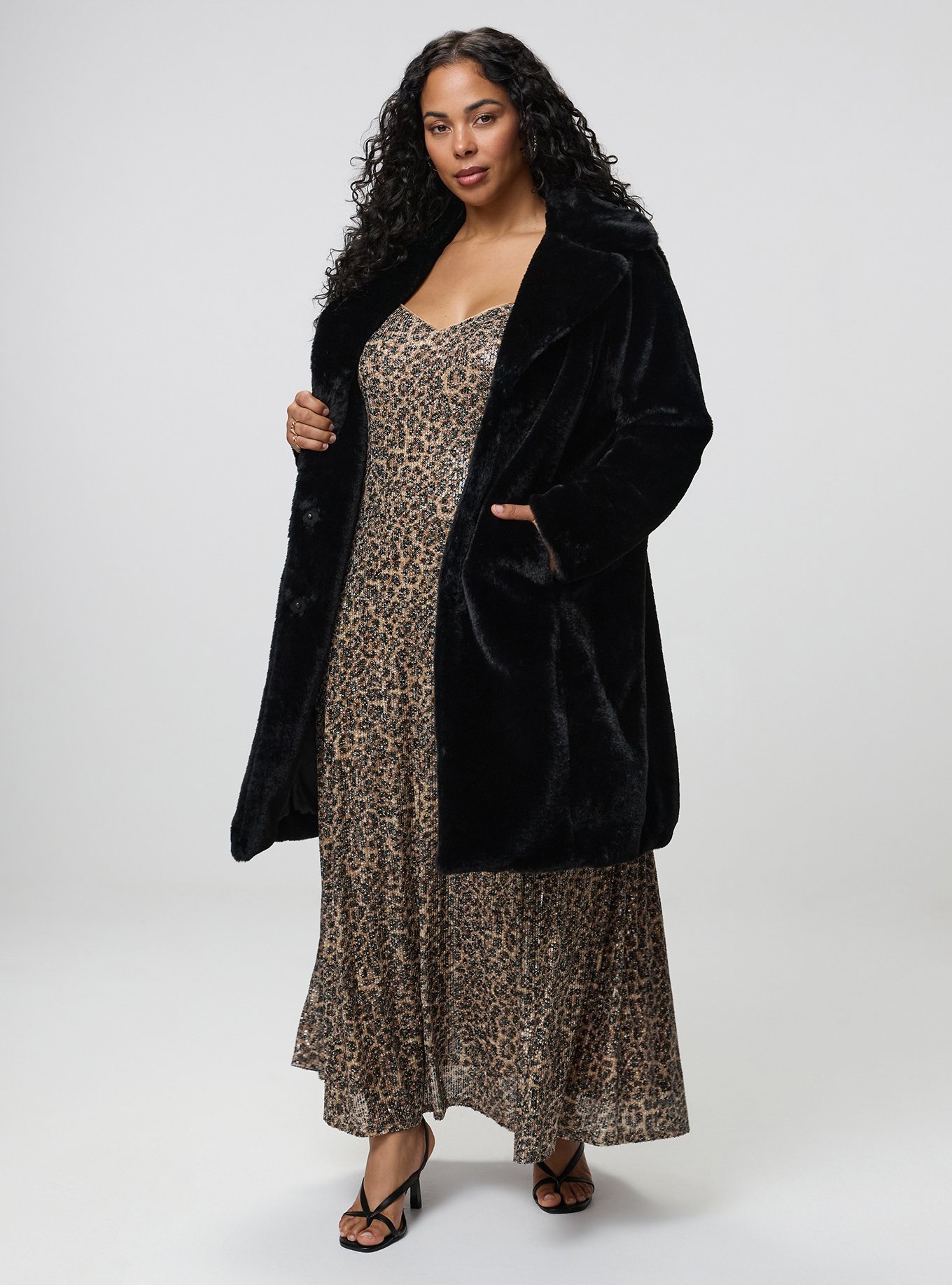 Plus Size Longline Faux Fur Coat, DEEP BLACK, alternate