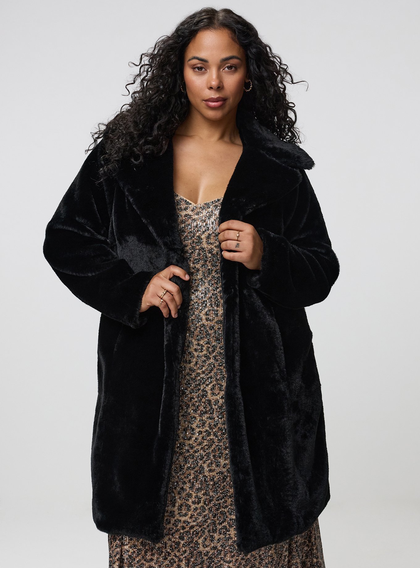 Plus Size Longline Faux Fur Coat, DEEP BLACK, hi-res