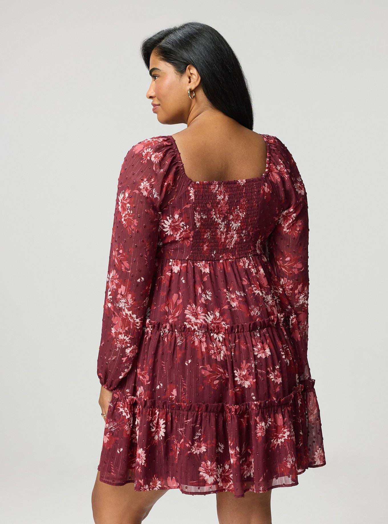 Tiered Babydoll Mini Dress, WENDY FLORAL BURGUNDY, alternate