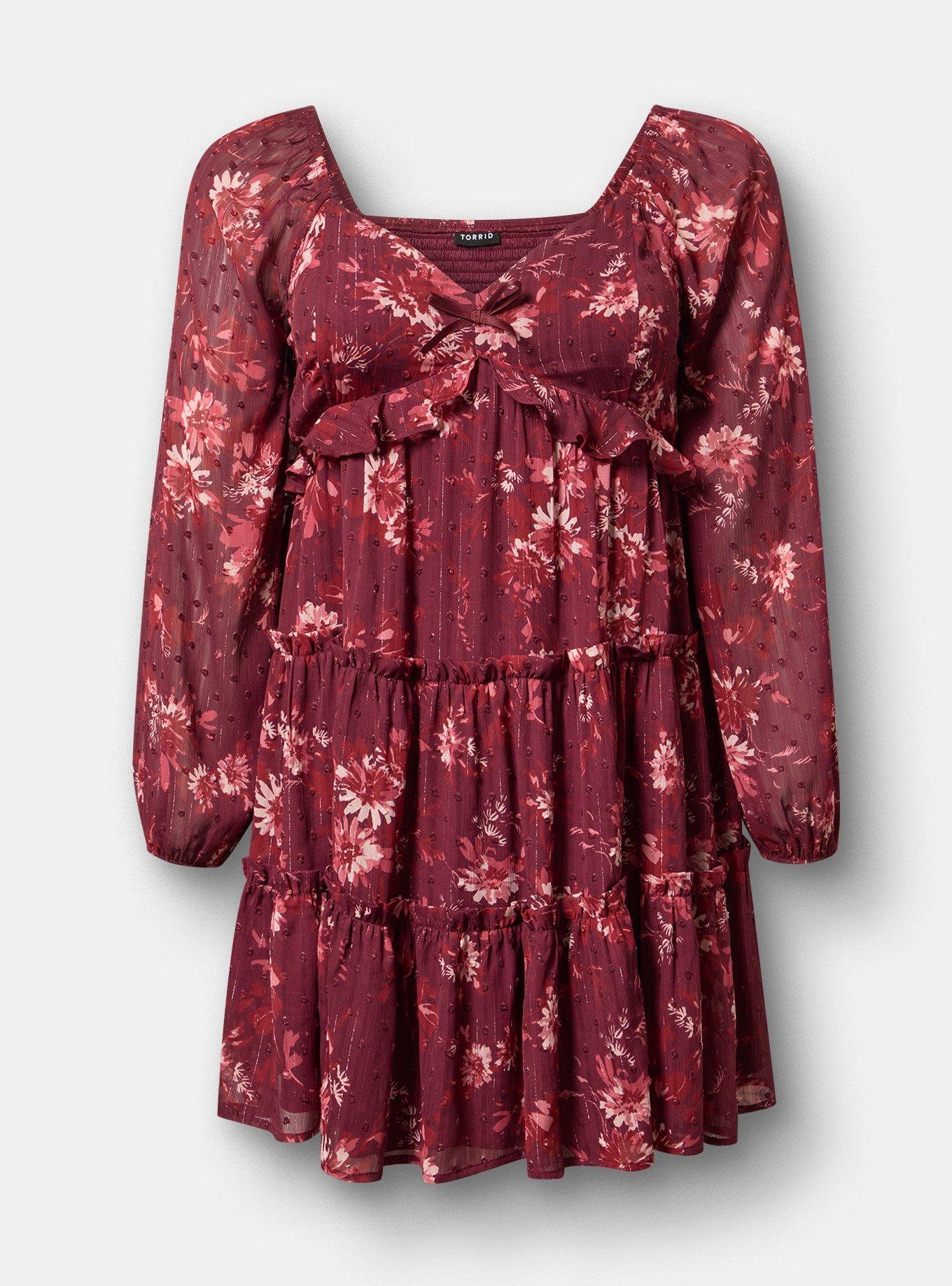 Tiered Babydoll Mini Dress, WENDY FLORAL BURGUNDY, flat