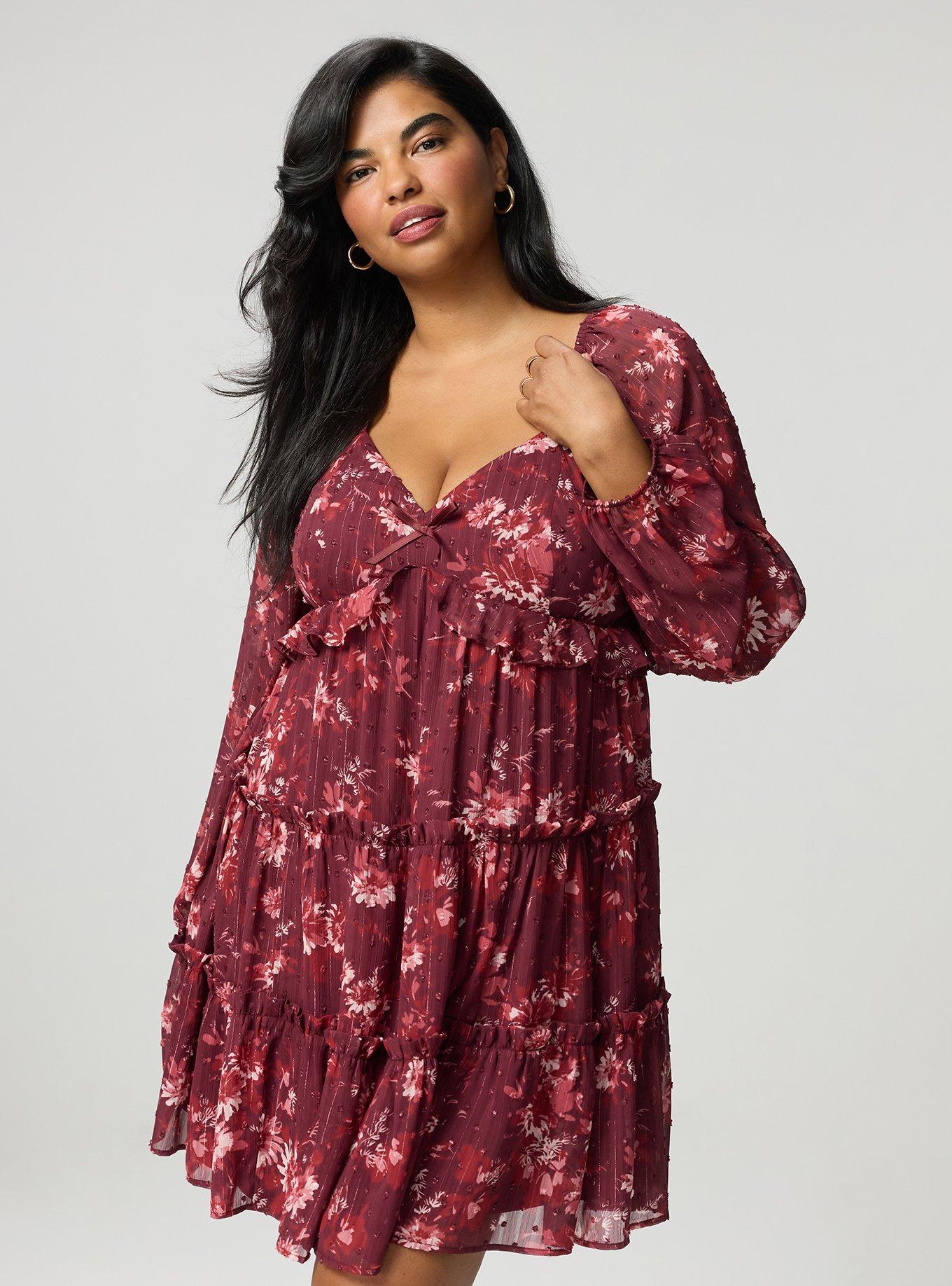 Tiered Babydoll Mini Dress, WENDY FLORAL BURGUNDY, hi-res