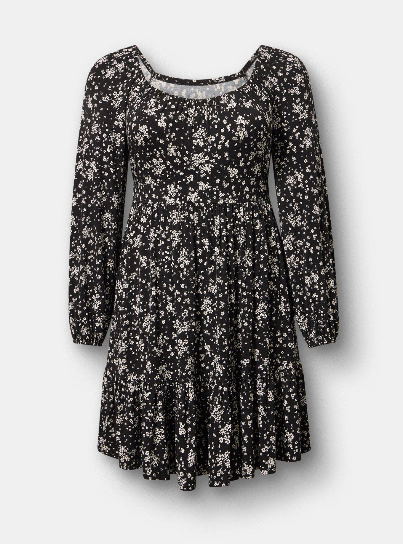 Tiered Long Sleeve Mini Dress, DUSTED DITSY FLORAL BLACK, flat